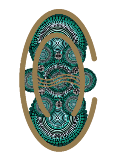 Abstract, circular, patterned artwork with concentric circles and geometric shapes in shades of blue, turquoise, and black, enclosed by a gold oval frame.