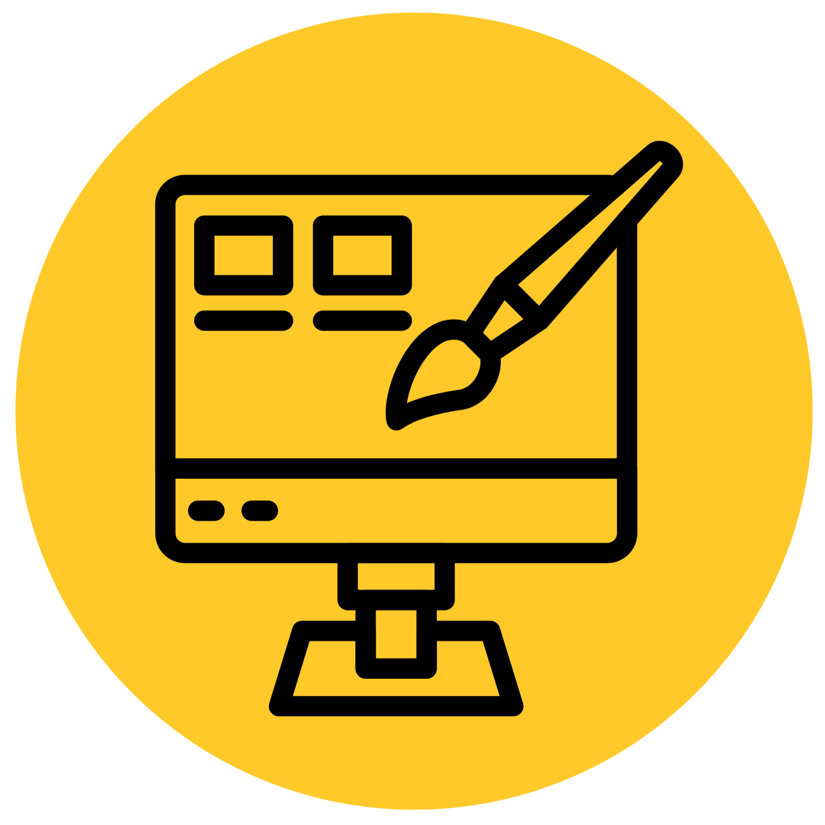 Yellow circle with black computer and paintbrush icon
