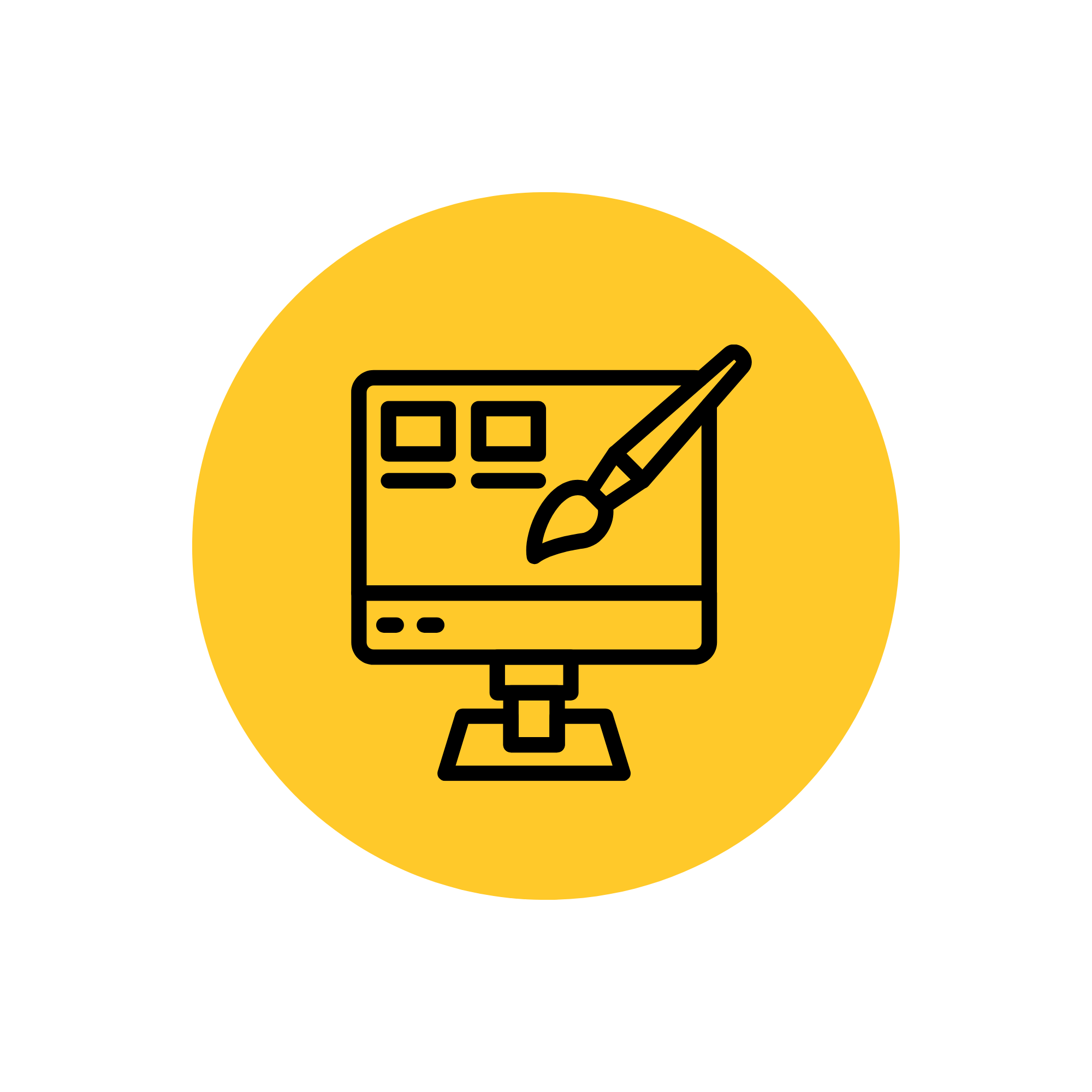 Yellow circle with black computer and paintbrush icon