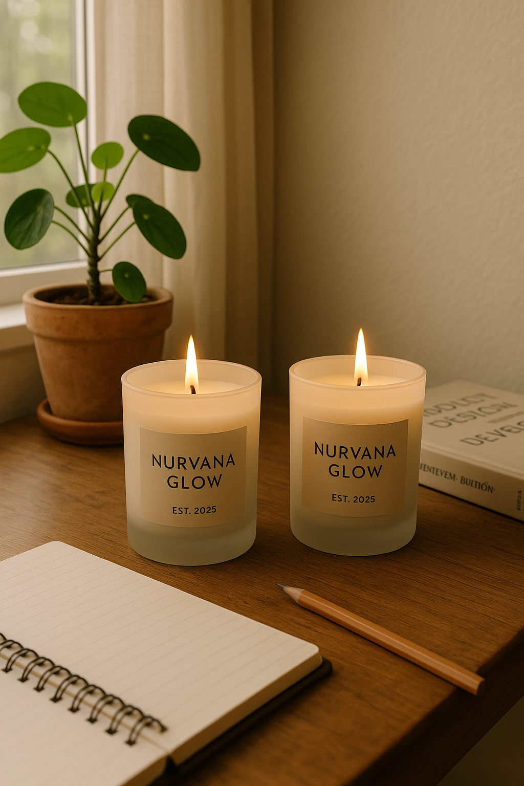 Two lit candles labeled 'NURVANA GLOW EST. 2025' on a wooden surface, with a potted plant, a notebook, a pencil, and a book nearby.