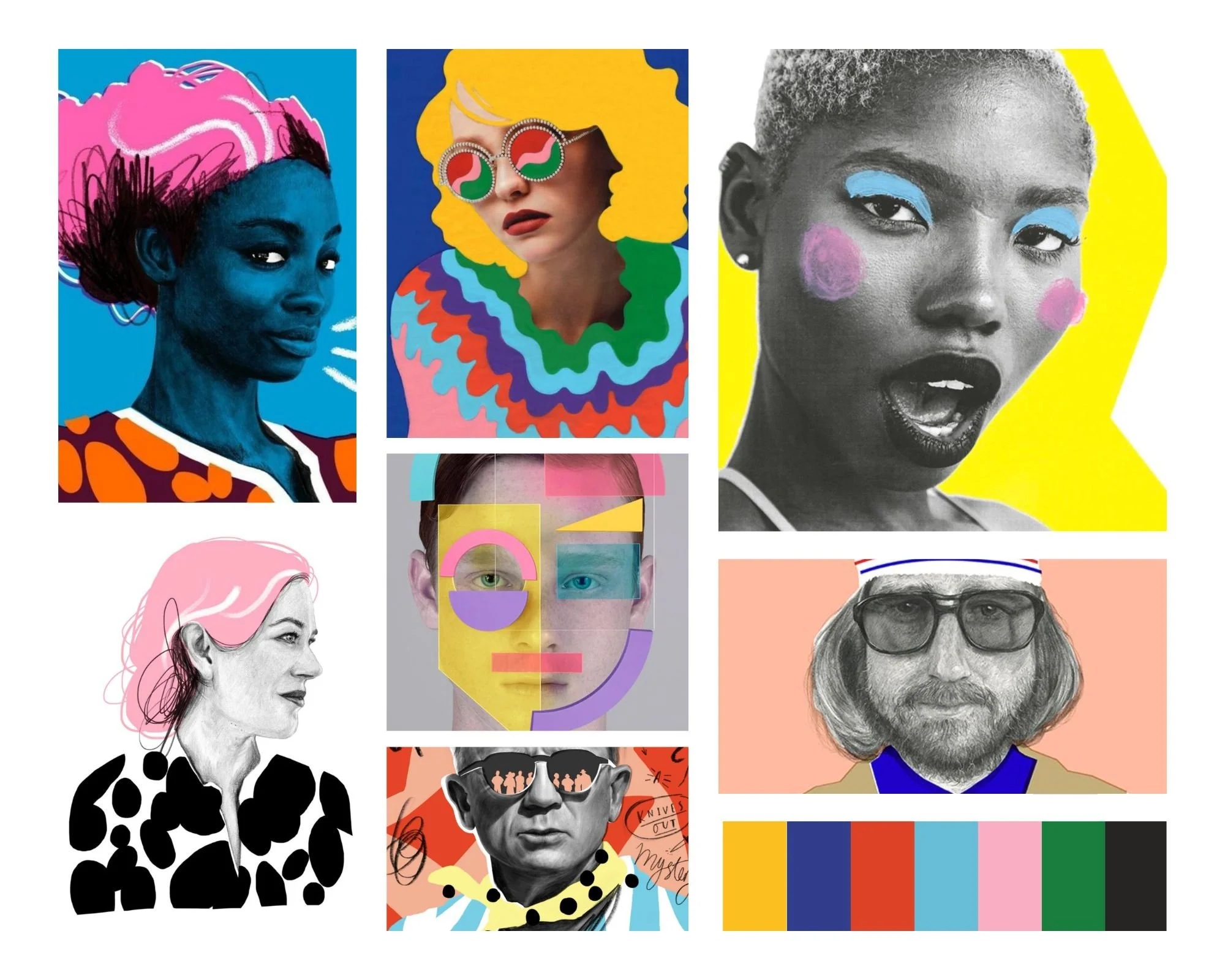 Vibrant digital portrait collage combining illustration, photography, and graphic overlays. Concept moodboard for the Iconographic collection, highlighting stylized character, expressive gestures, and bold color palettes.