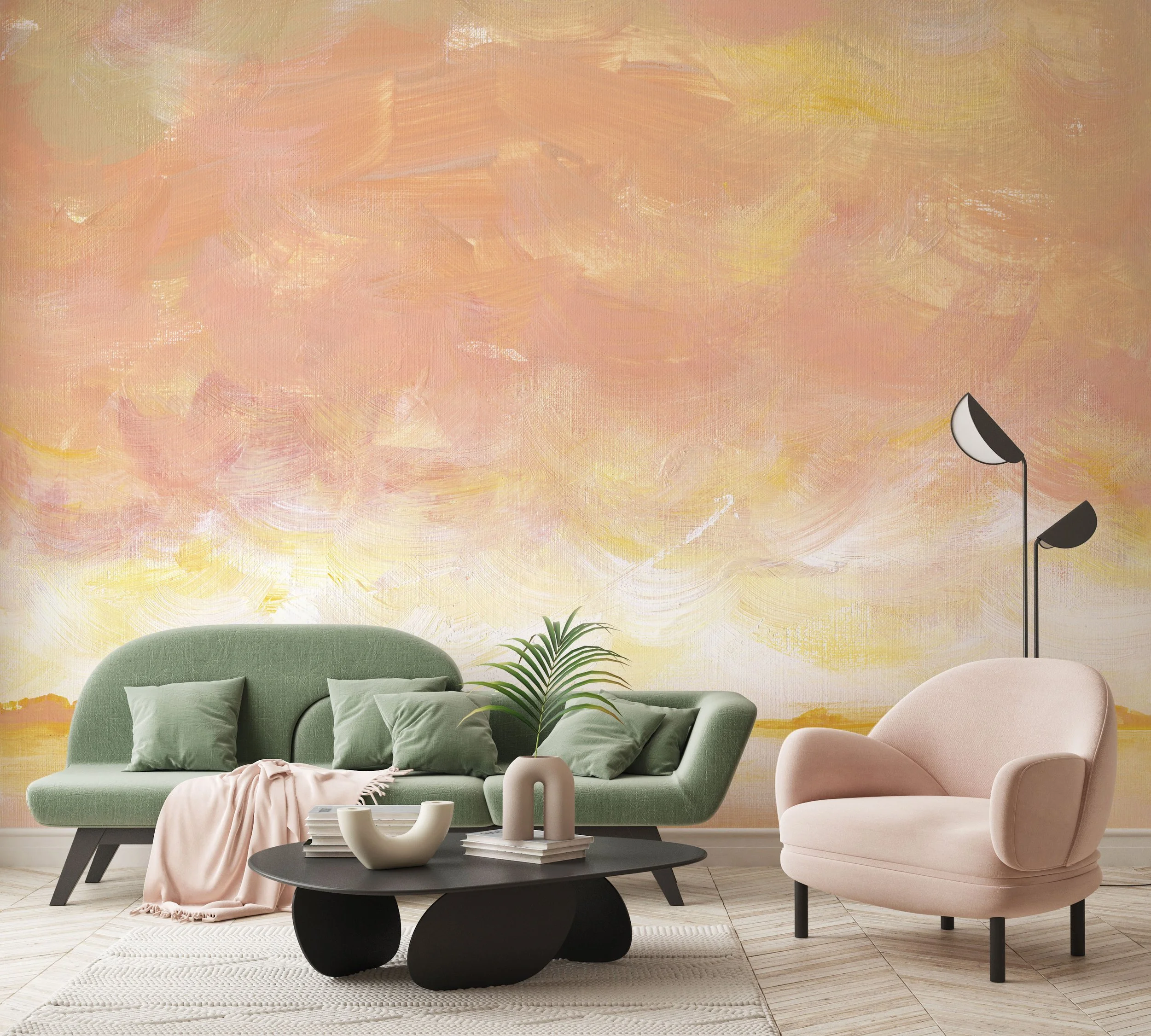 Soft pink and golden yellow painted mural as a backdrop to a pastel modern living room with green sofa, blush pink armchair, and black coffee table.