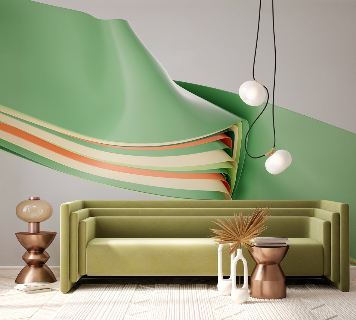 Sculptural mural with flowing ribbons in layered green, ochre, and coral hues. Evokes kinetic energy through dimensional folds and sweeping movement.