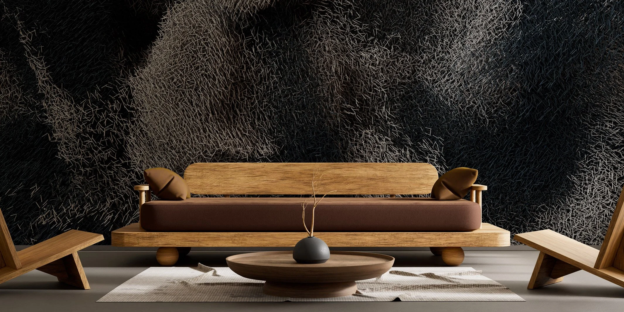 Dynamic wall mural resembling a cloud of swirling particles in a dark tonal palette. Organic motion is translated into a high-contrast textured visual. Installed in a minimalist room with wood furniture.