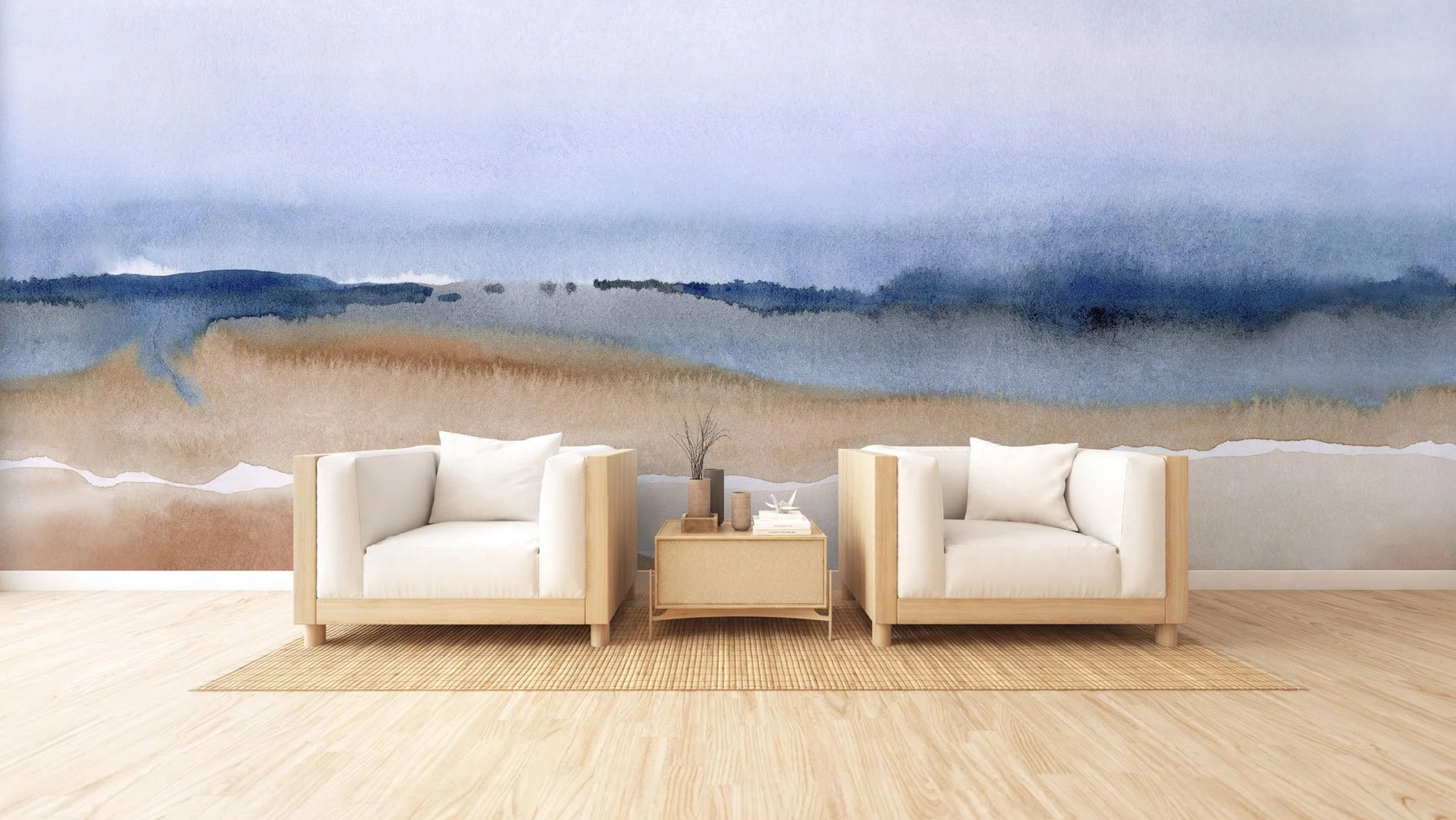 Soft watercolor mural in calming earth and indigo tones behind minimalist wood-framed lounge chairs in a serene living space