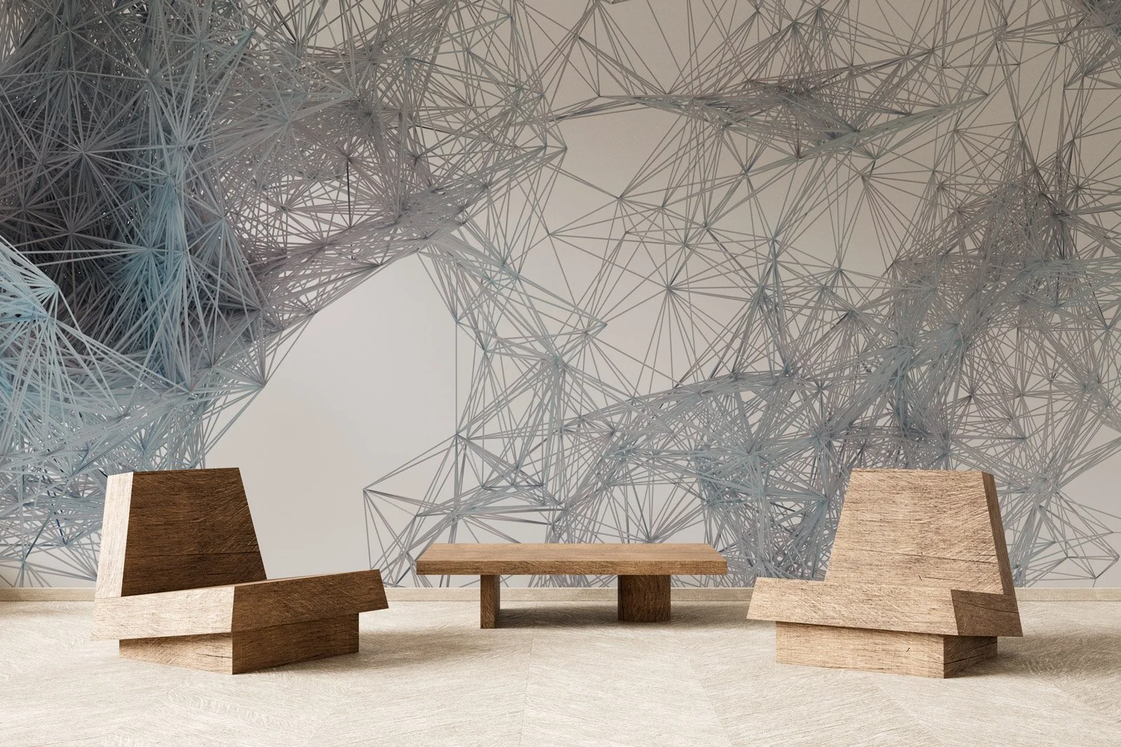 Futuristic mural design of intersecting wireframe geometry in icy blue and gray hues. Inspired by interconnected structures and digital motion. Installed in a natural wood and neutral-toned setting.