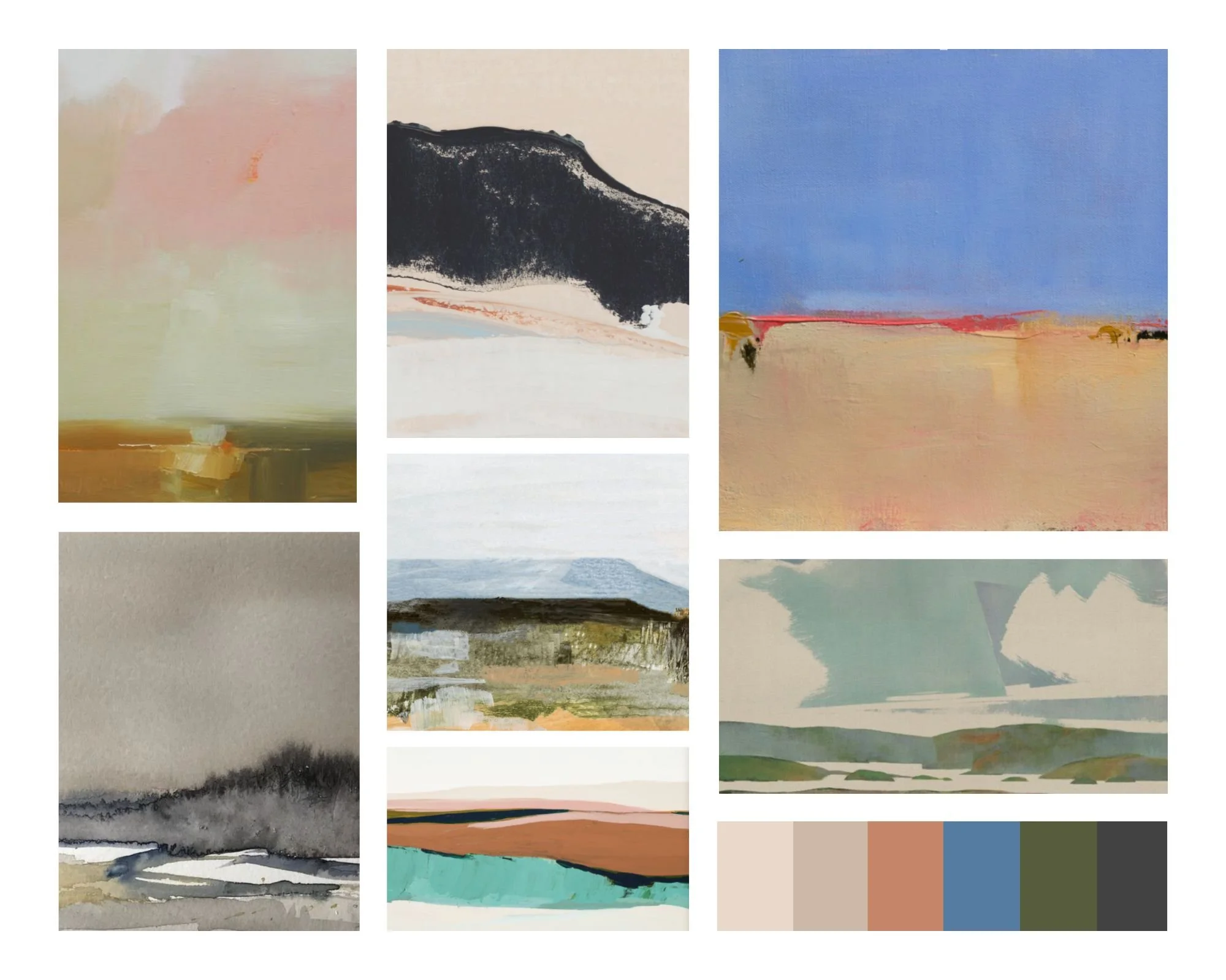 Moodboard of abstract landscape paintings in earthy pastel tones with a color palette swatch featuring sand, clay, sage, and sky blue hues