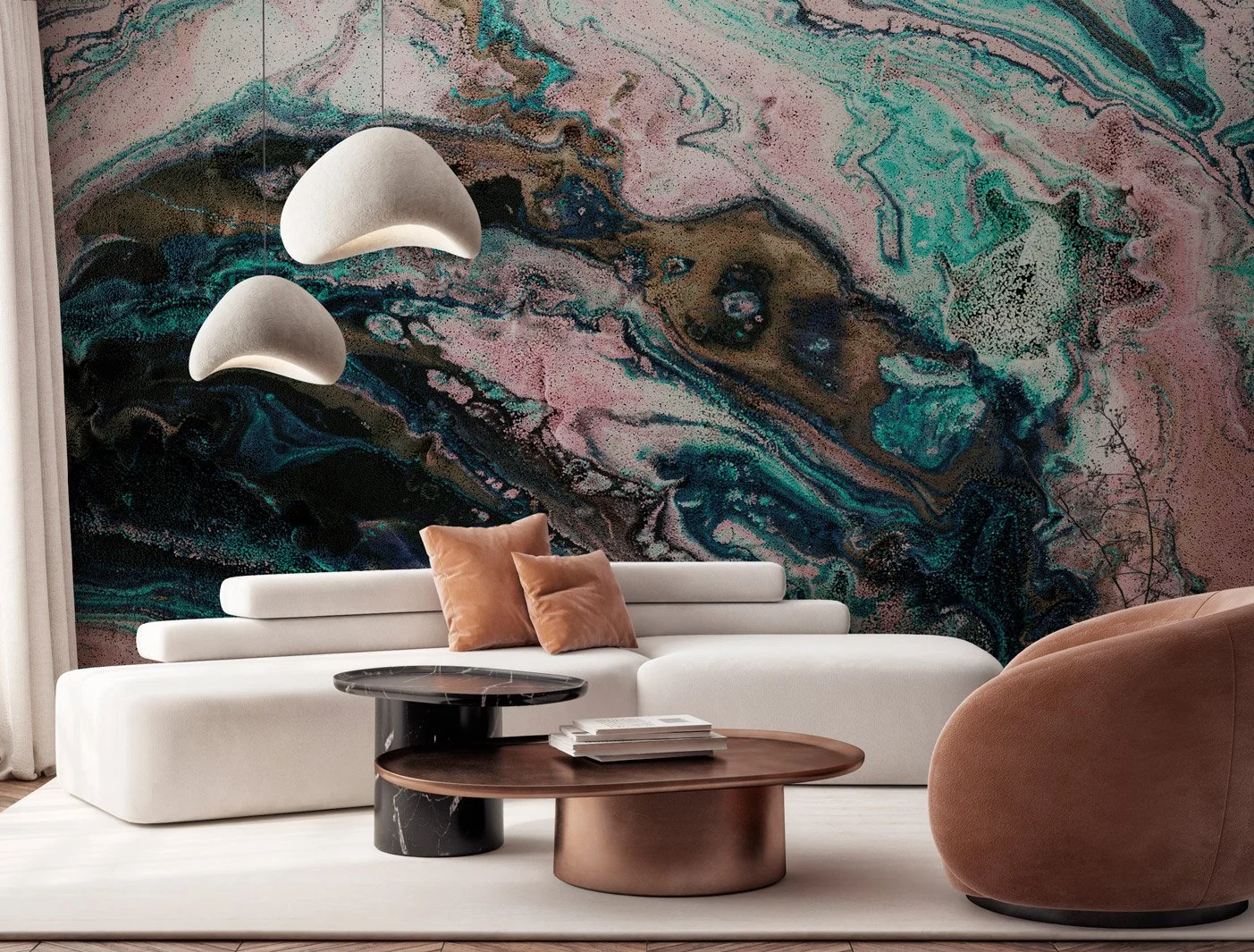 Abstract mural featuring fluid marbled swirls in teal, rose, bronze, and onyx. This design captures a sense of suspended motion and organic transformation.