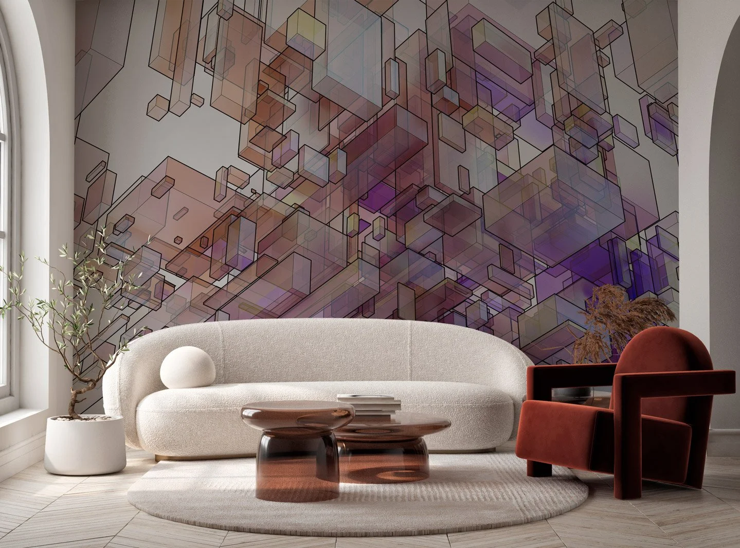 Abstract architectural mural with transparent, overlapping glass-like forms in warm tones of violet, amber, and rose. Installed in a modern living space with arched walls and sculptural furniture.
