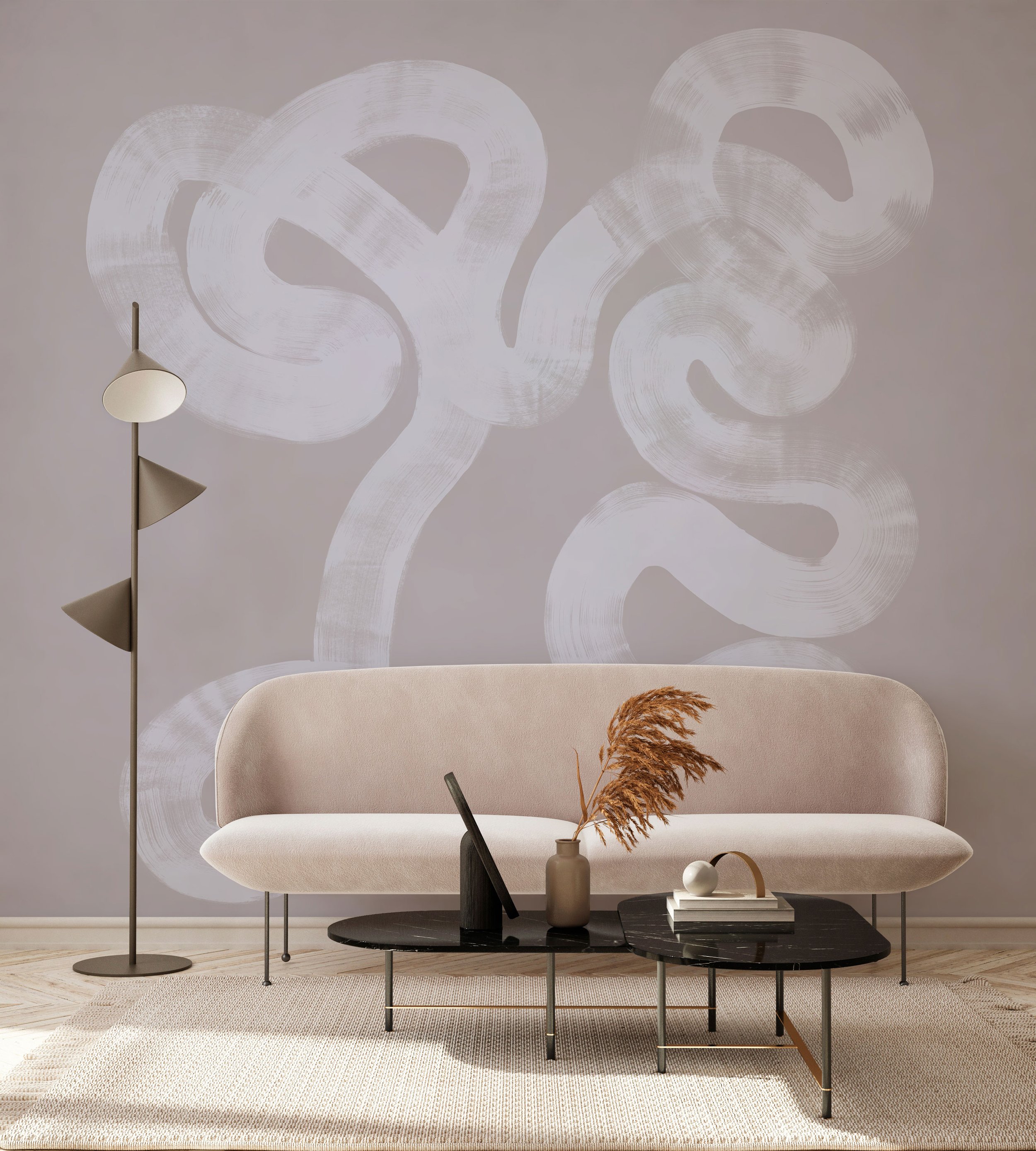 Brushstroke wallpaper in soft lavender tones behind plush modern sofa and modern geometric lamp