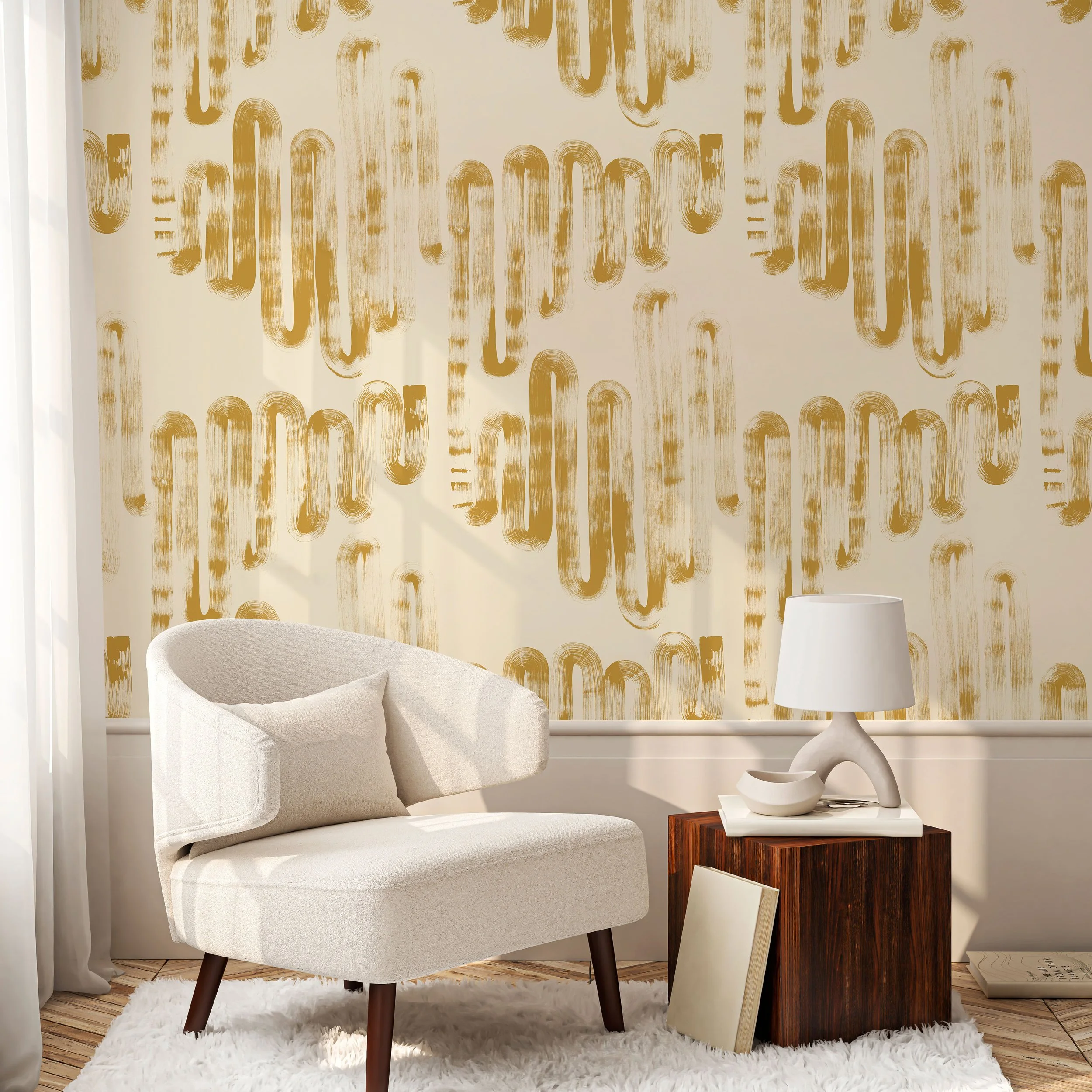 Golden yellow abstract wallpaper in sunlit reading nook with sculptural lamp and boucle chair