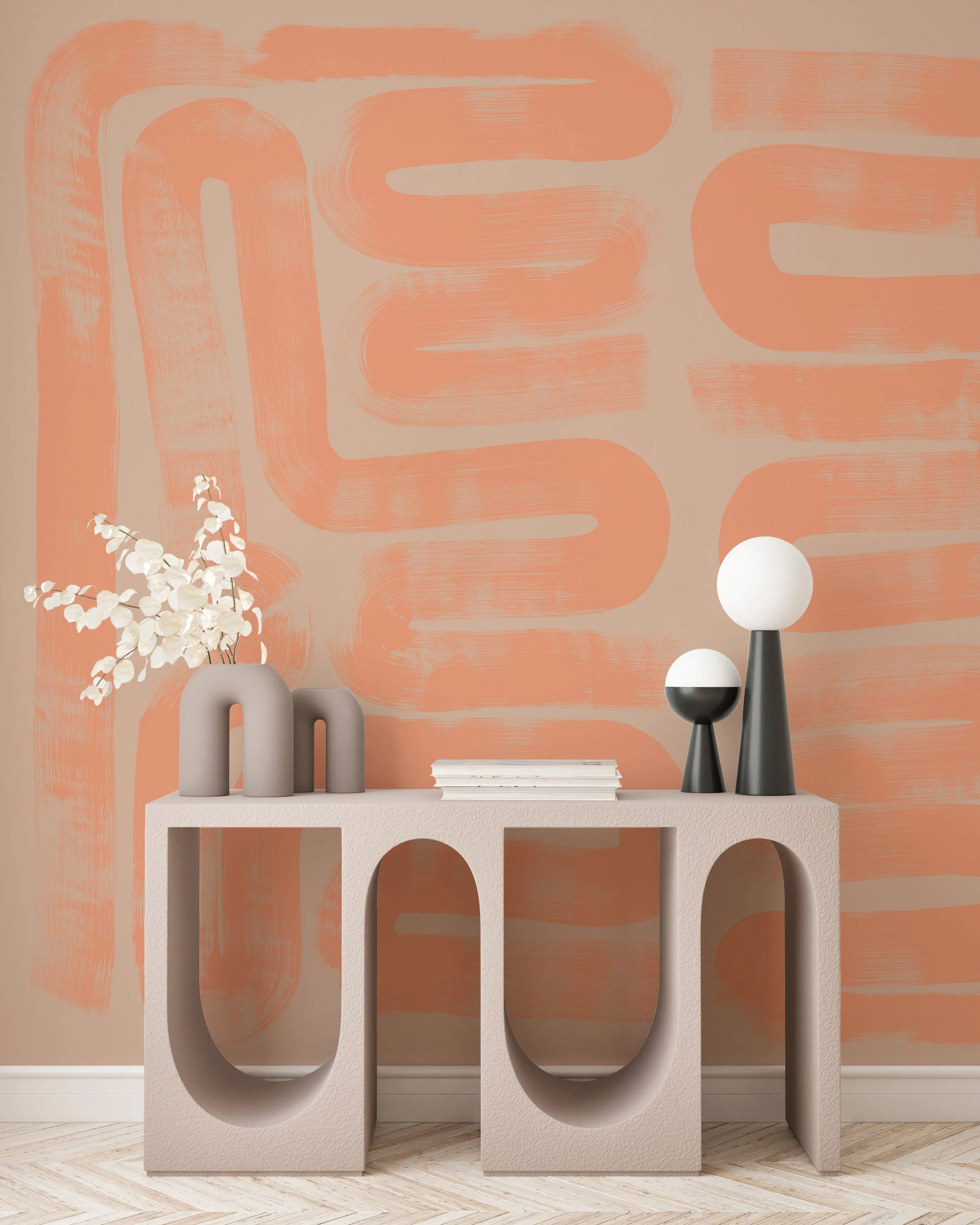 Modern interior with arched console and abstract terracotta brushstroke wallpaper from the Resonance collection