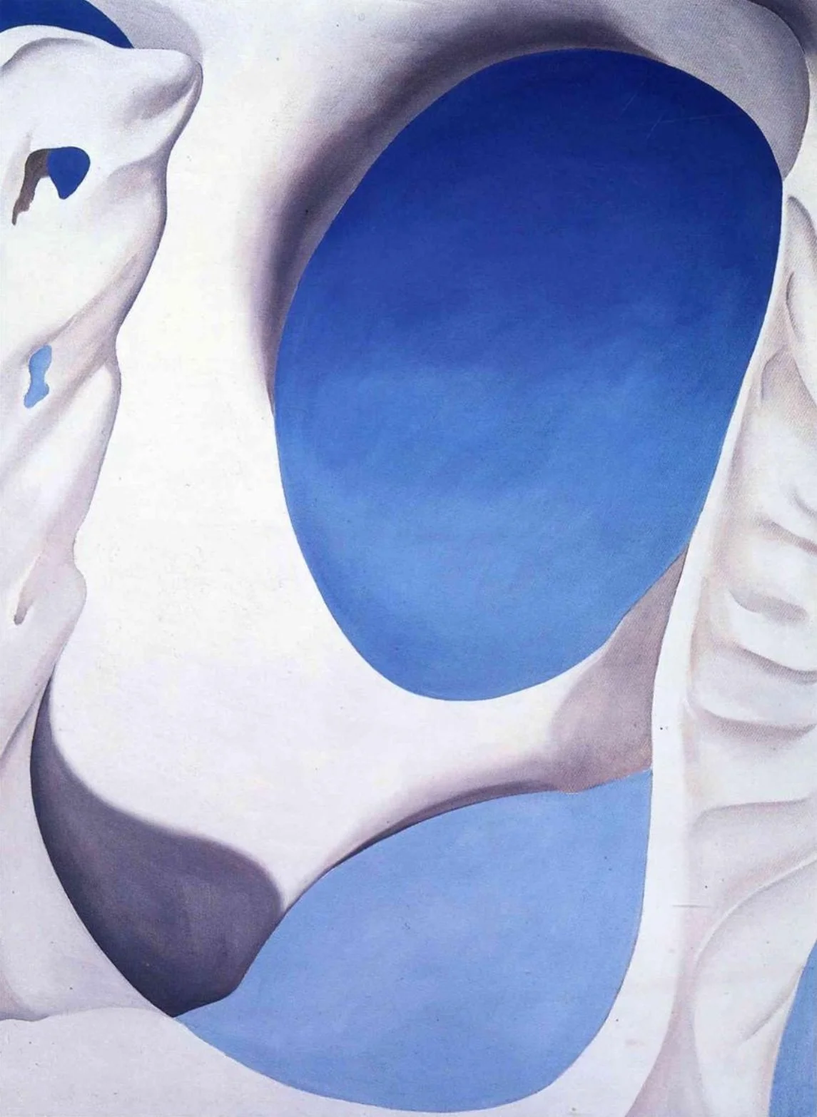 Abstract painting with smooth white and blue shapes, resembling ice or snow formations.