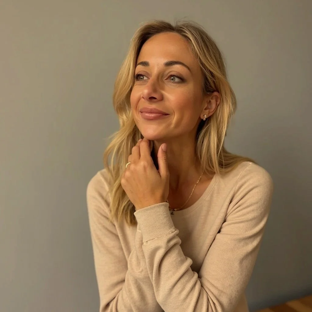 A woman with blonde hair and light skin, wearing a beige long-sleeve top, is smiling slightly and touching her chin with her hand, standing against a neutral gray background.