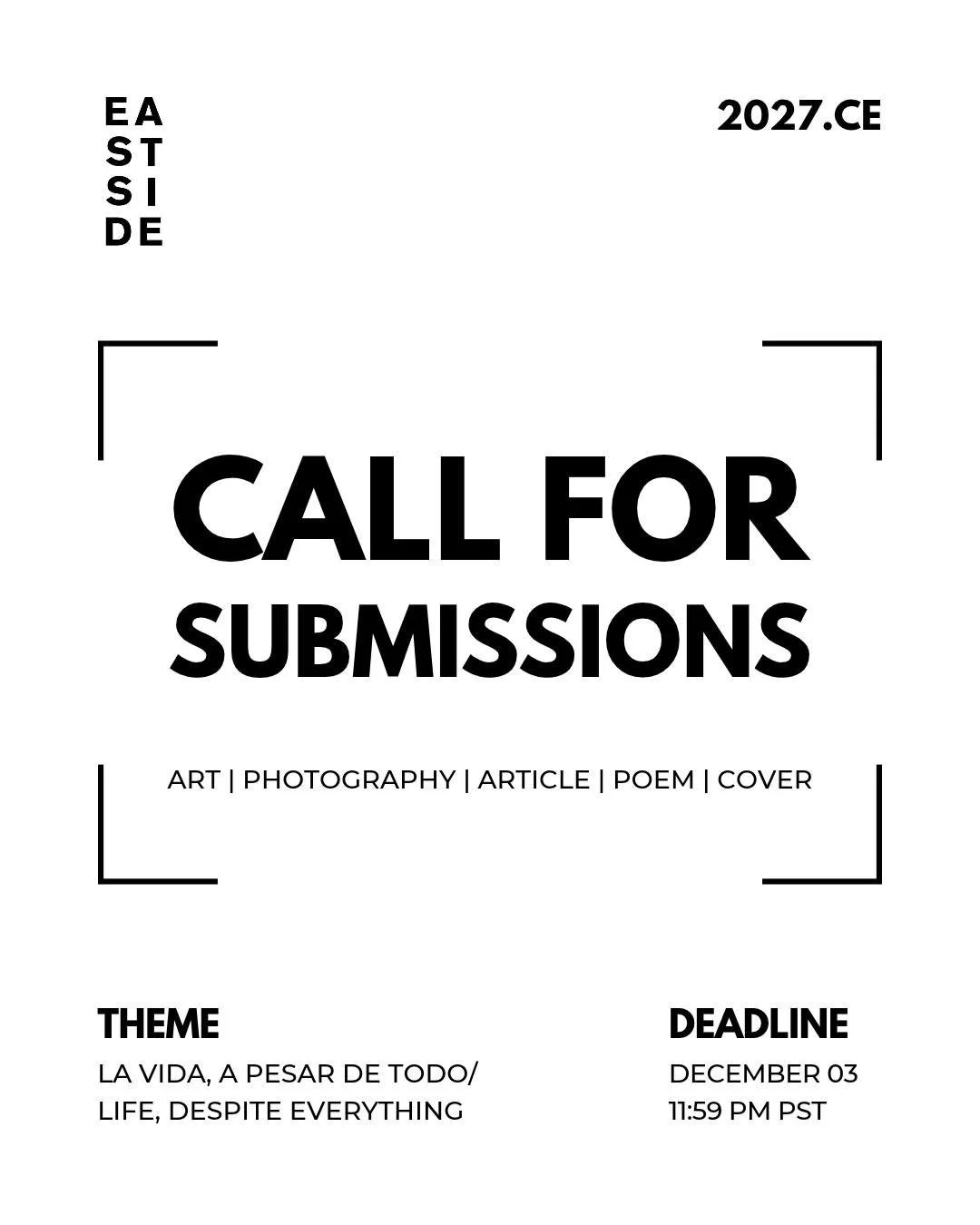 🗣️2027.Ce Call for Submissions 

Am&eacute;rica naci&oacute; libre, el hombre la dividi&oacute;. 🌎

Inspired by Los Tigres del Norte's powerful Tiny Desk performance of Somos M&aacute;s Americanos, we recognize that our histories run deeper than bo