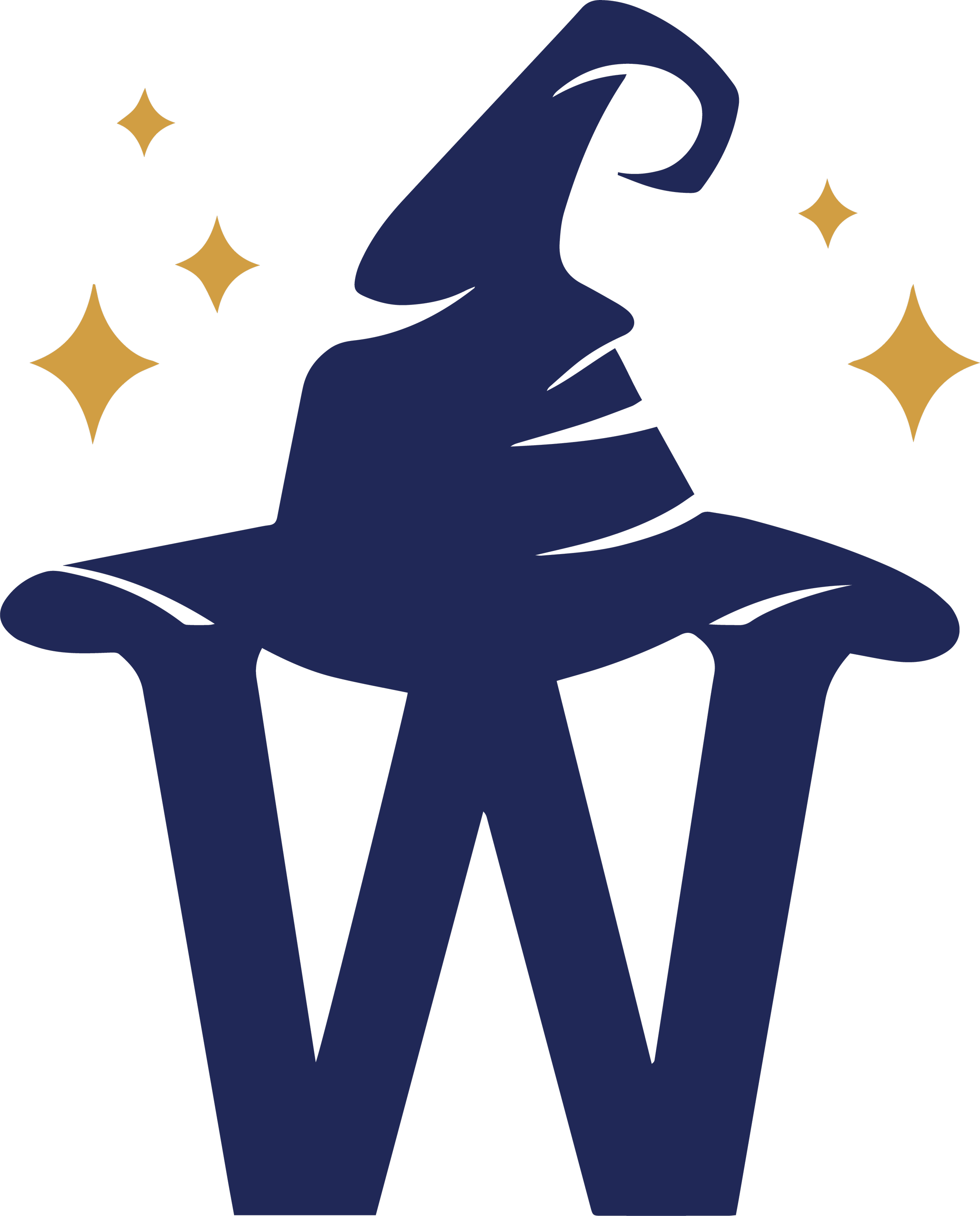 Stylized illustration of a wizard's face with a pointed hat, surrounded by sparkling stars.
