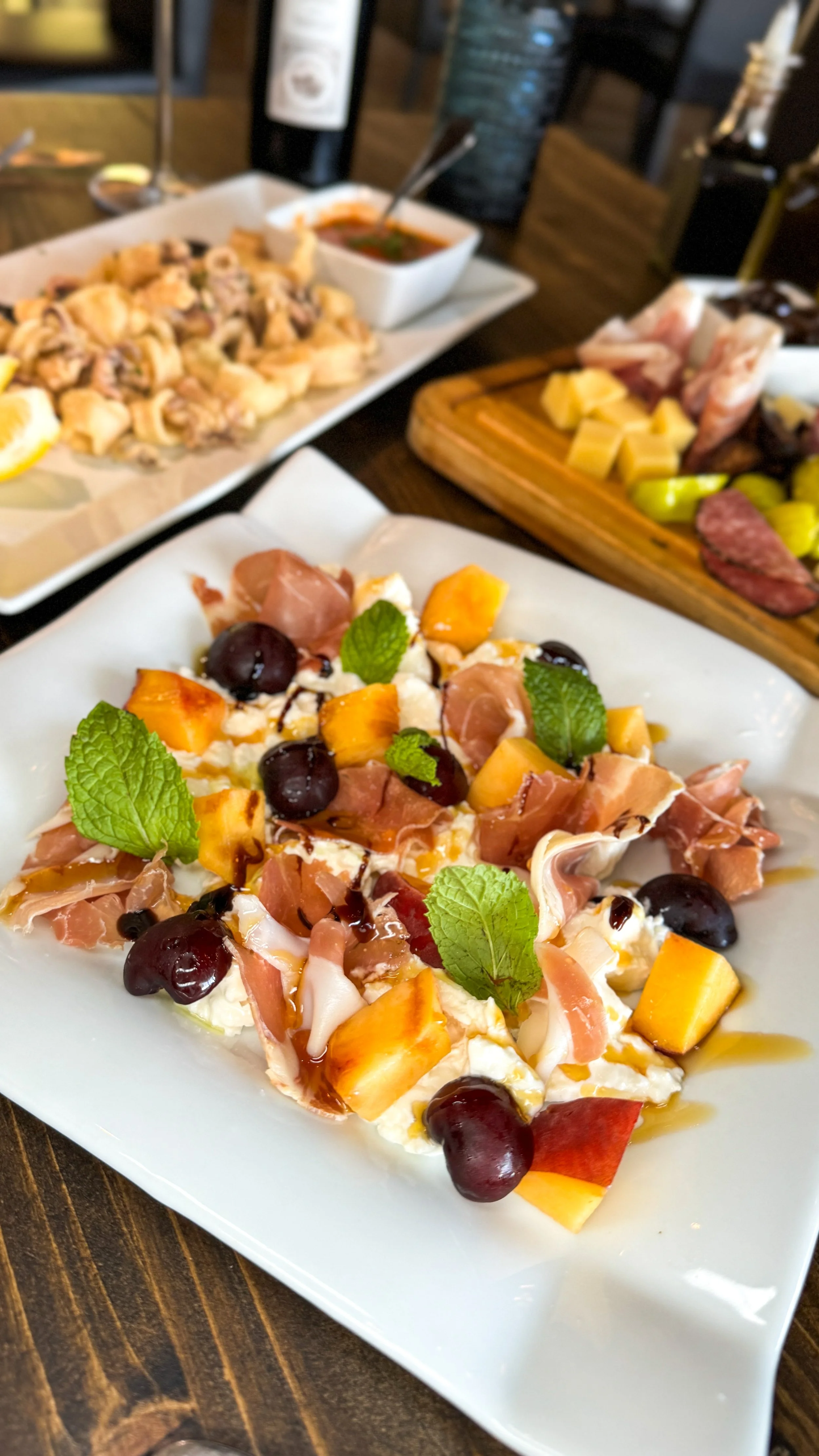 Peach burrata with cherries & mint