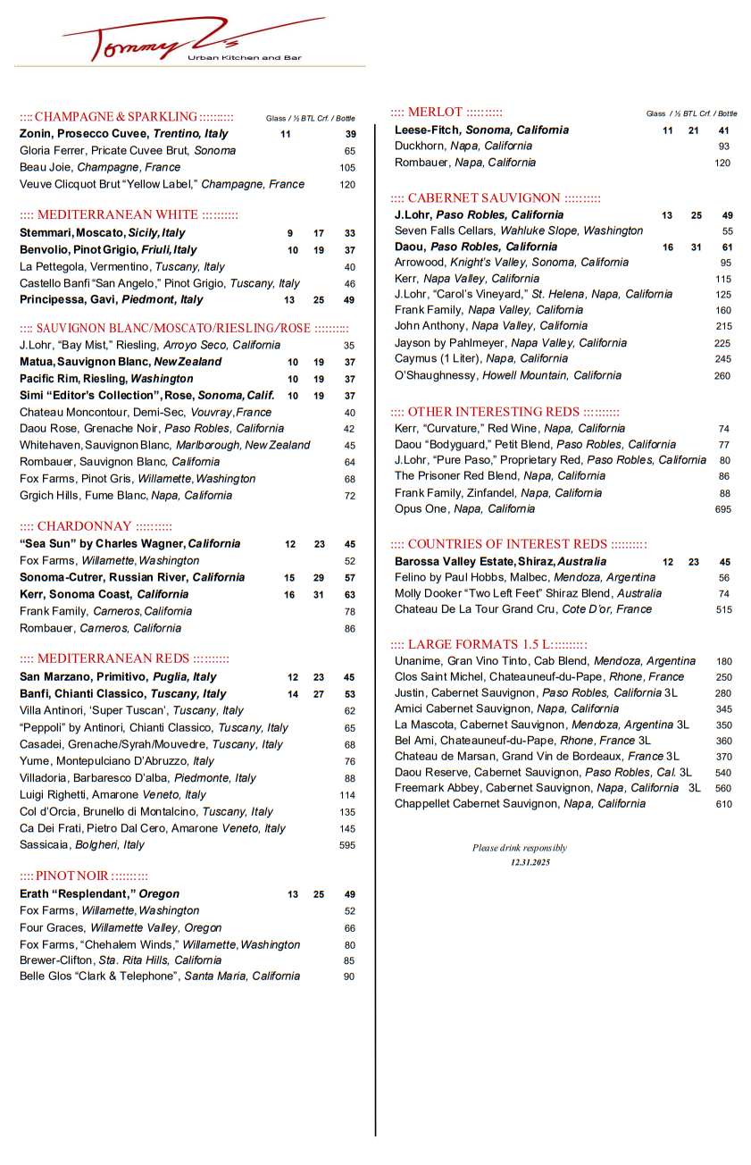 Tommy V's Wine List