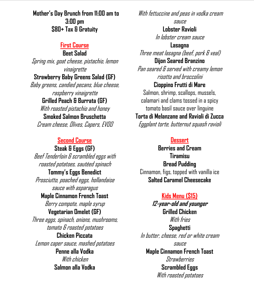 Our menu for Tommy V's Mother's Day brunch 2026