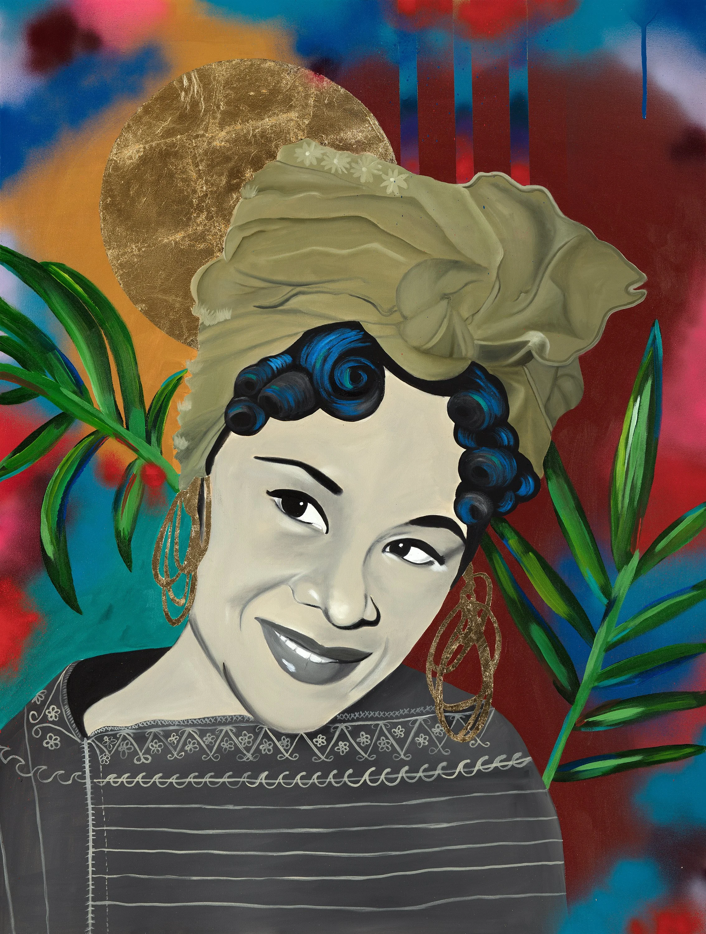A colorful painting of a woman with dark hair curled in blue, wearing large gold earrings and a patterned black and white top, with a large green leaf and a gold moon in the background.