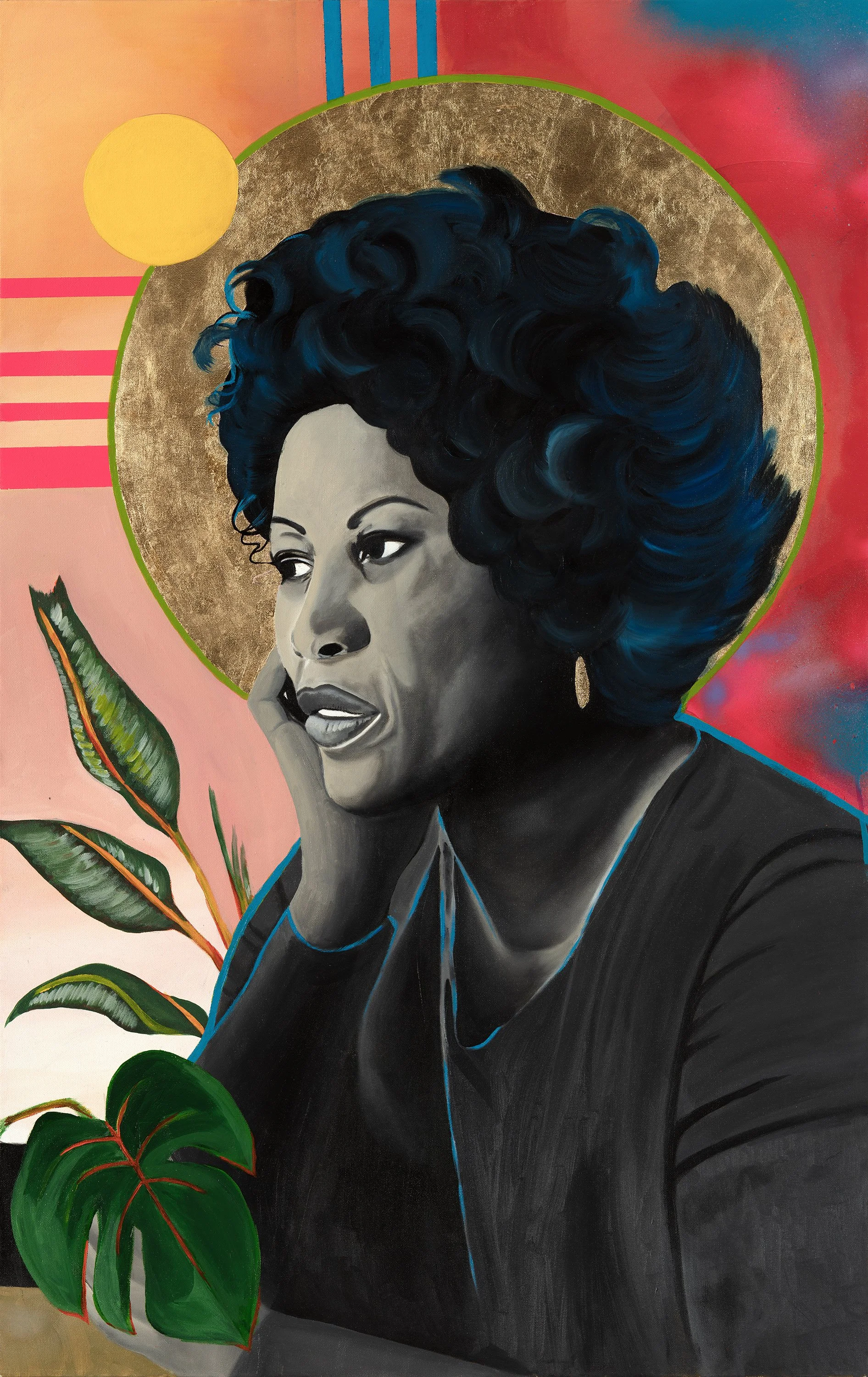 A portrait of a woman with curly black hair, painted in grayscale, with a colorful background featuring geometric shapes, a yellow circle, and green leaves.