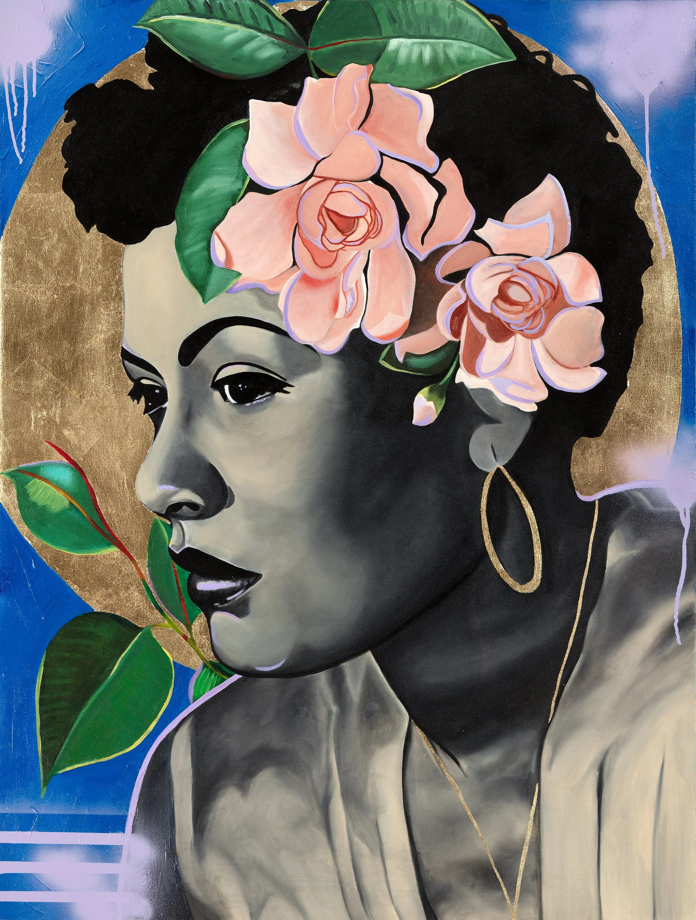 A painting of a woman with dark skin, short curly hair adorned with pink roses and green leaves, wearing a large gold hoop earring and a gold necklace, set against a background with gold and blue accents.
