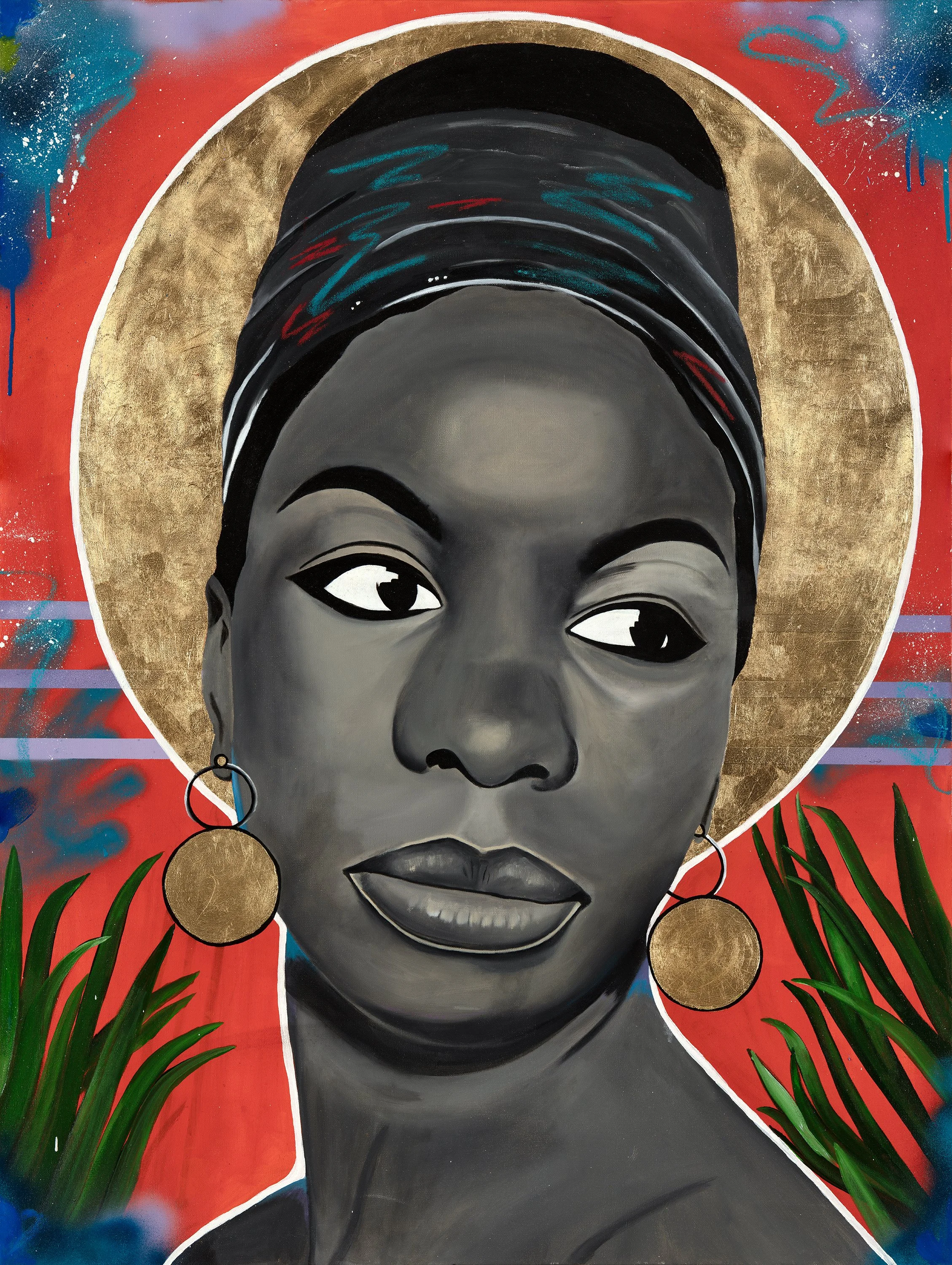 A street art mural depicting a grayscale portrait of a woman with a headwrap, gold earrings, surrounded by a gold halo, and tropical plants at the bottom. The background features vibrant red and blue spray paint accents.