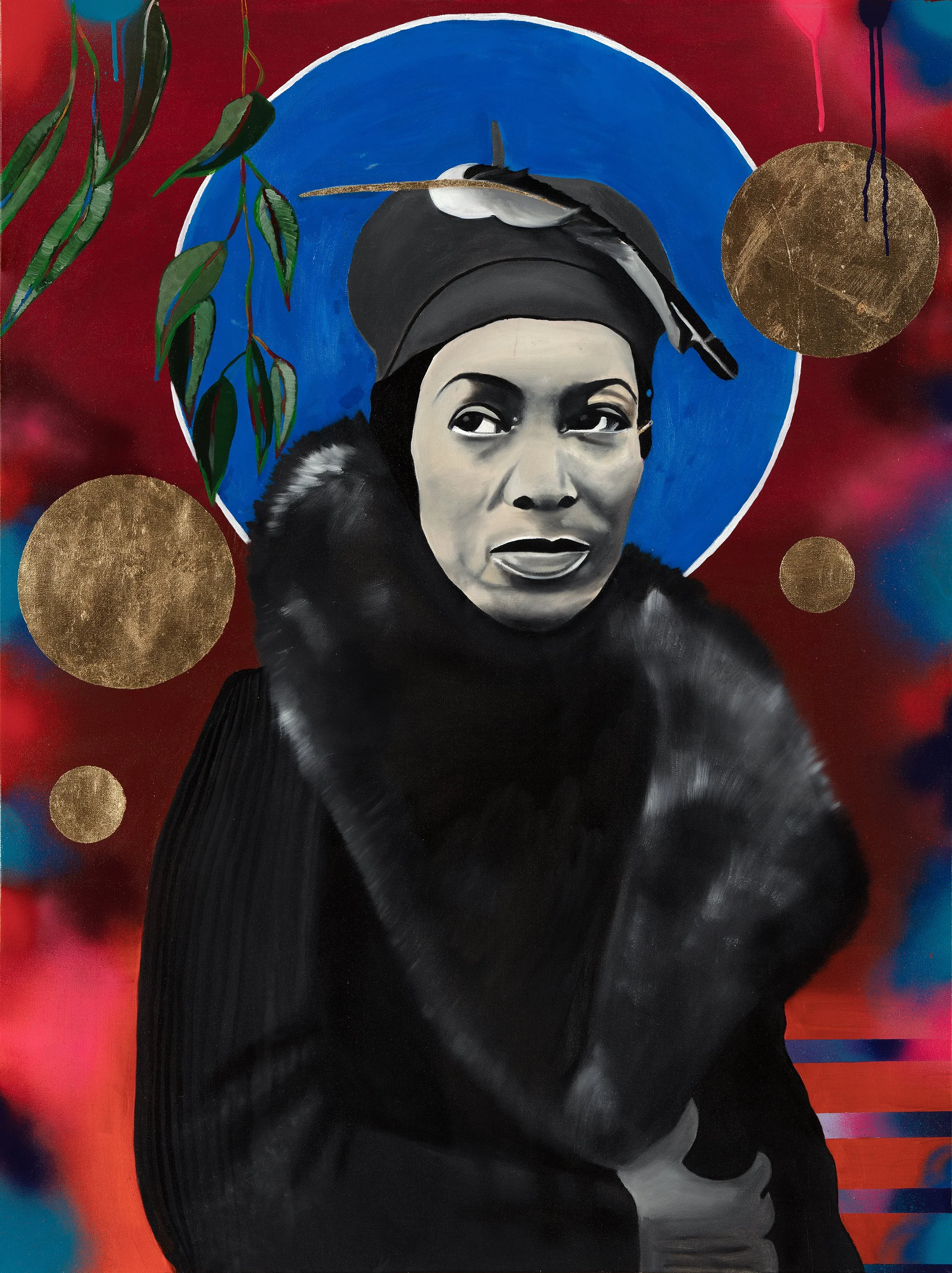 A painting of a woman with short hair, wearing a black fur coat and a head wrap, set against a colorful background with gold circles, a blue halo, and abstract elements.