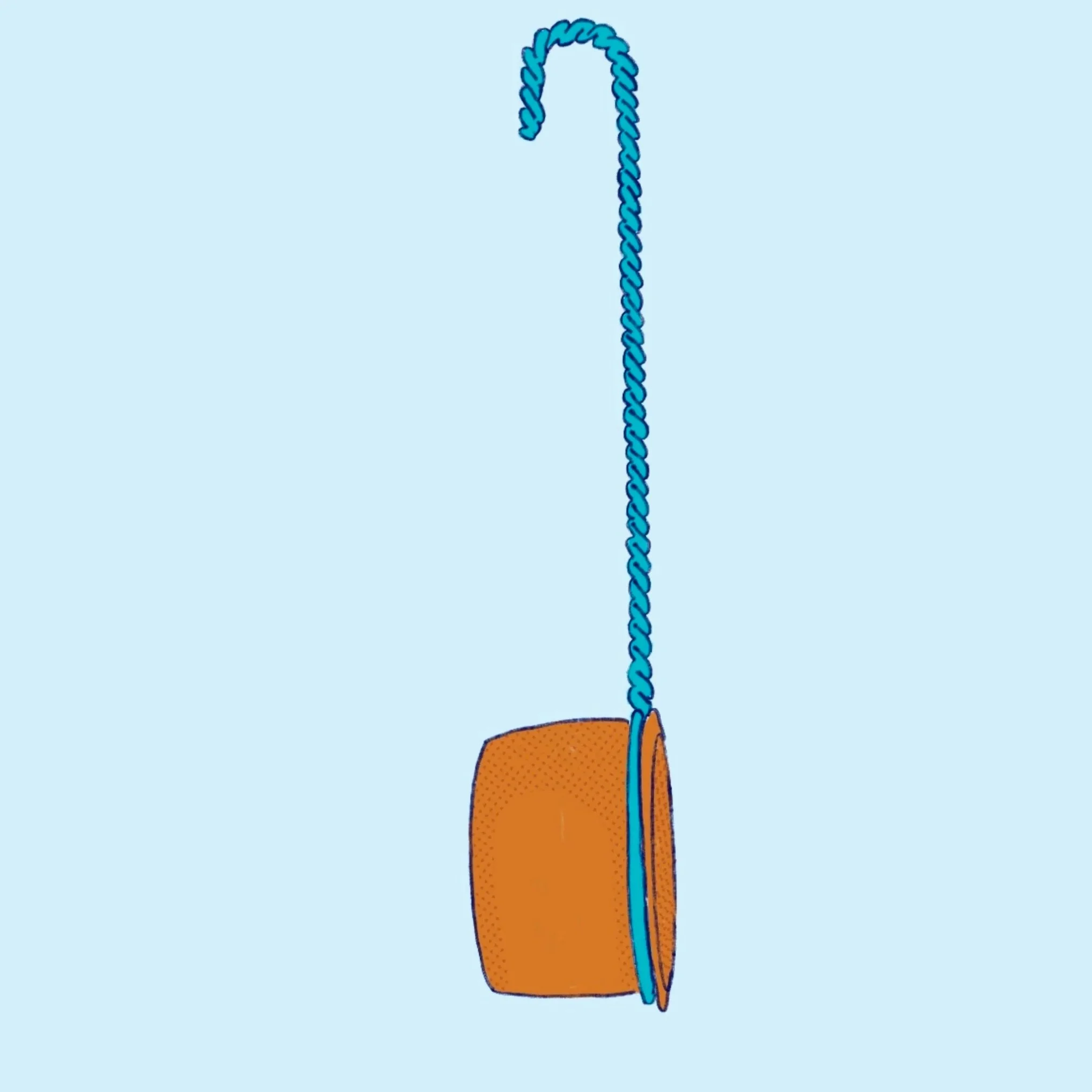 An orange sifter  with a blue twisted rope handle hanging against a light blue background.