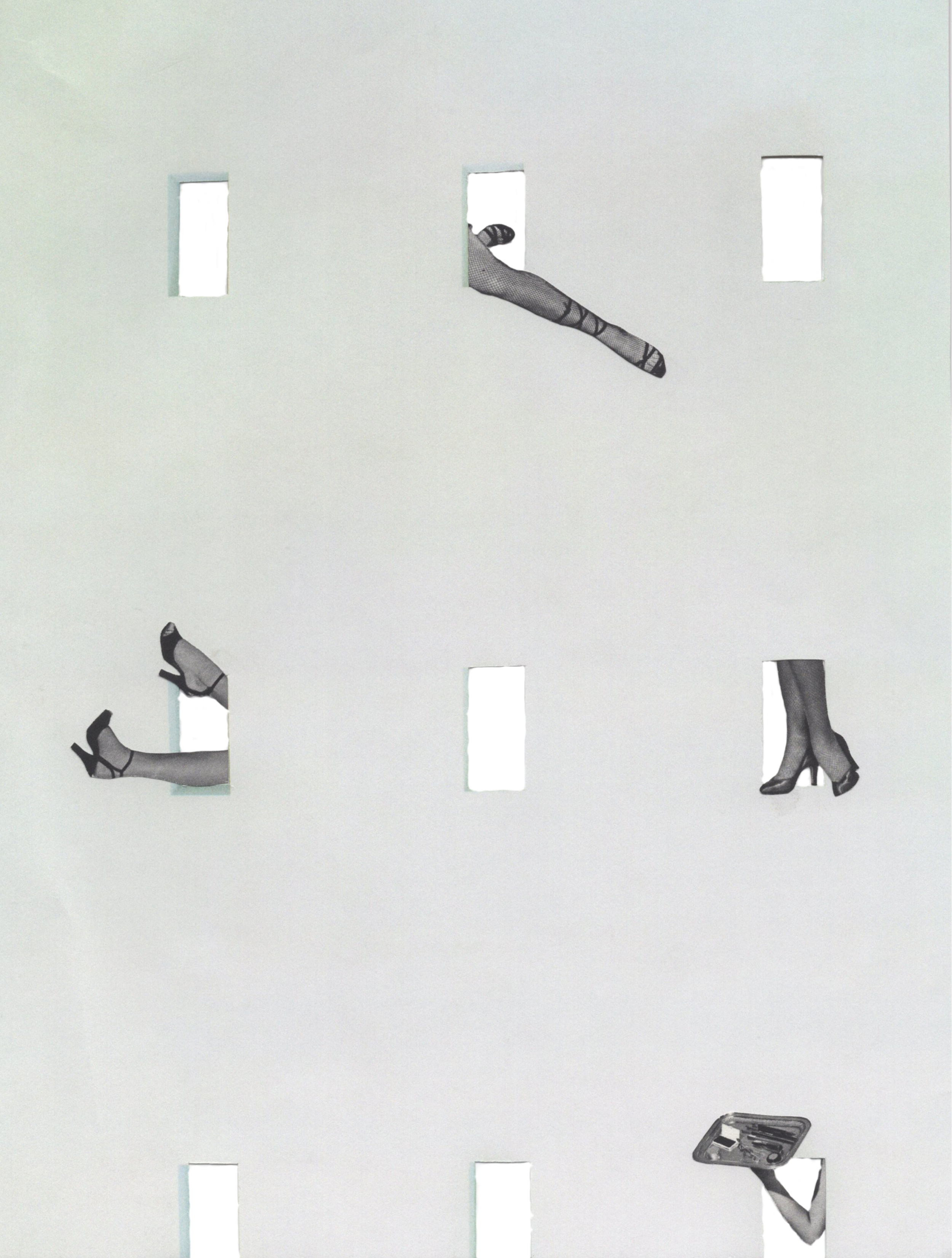 Black-and-white collage of a building façade with cut-out windows, from which legs, feet and a serving hand emerge.