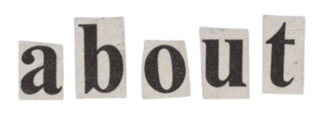 Collaged letters cut from paper spelling the word "about".