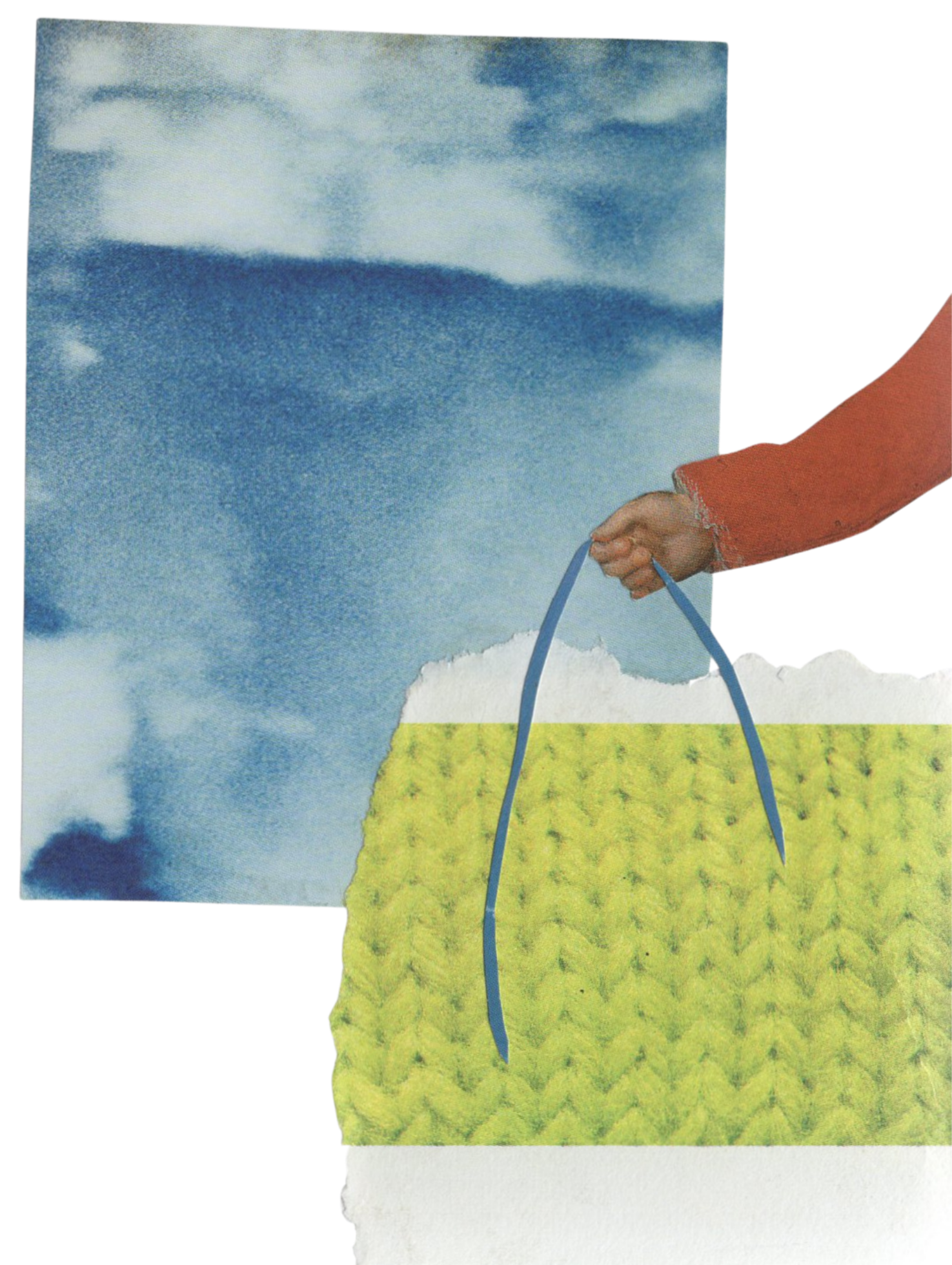 Surreal collage featuring a hand holding blue string, a fluorescent yellow-green knitted texture and a floating rectangle of cloudy sky.