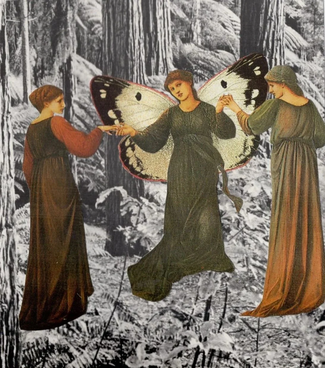Vintage-inspired collage featuring three women holding hands in a woodland setting, one with butterfly wings behind her back.