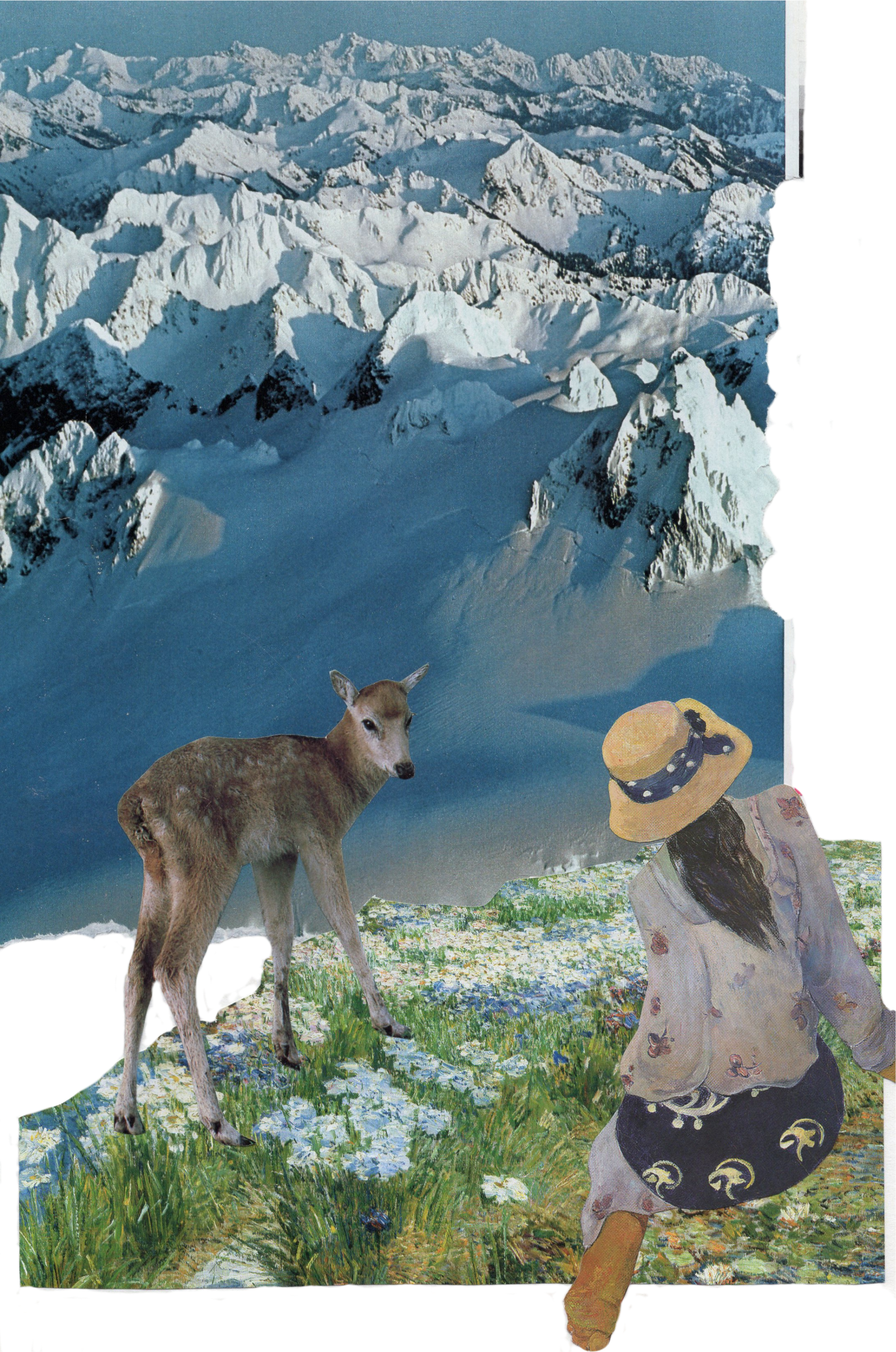 Layered collage combining a mountain landscape, figures and natural elements.