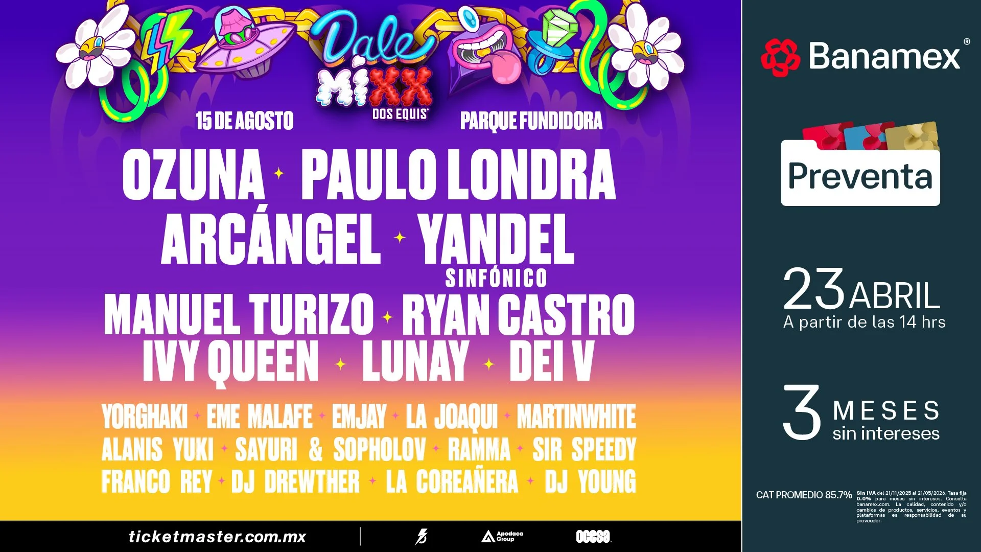 Cartel oficial del lineup del Dale Mixx 2026 con artistas como Ozuna, Yandel y Paulo Londra