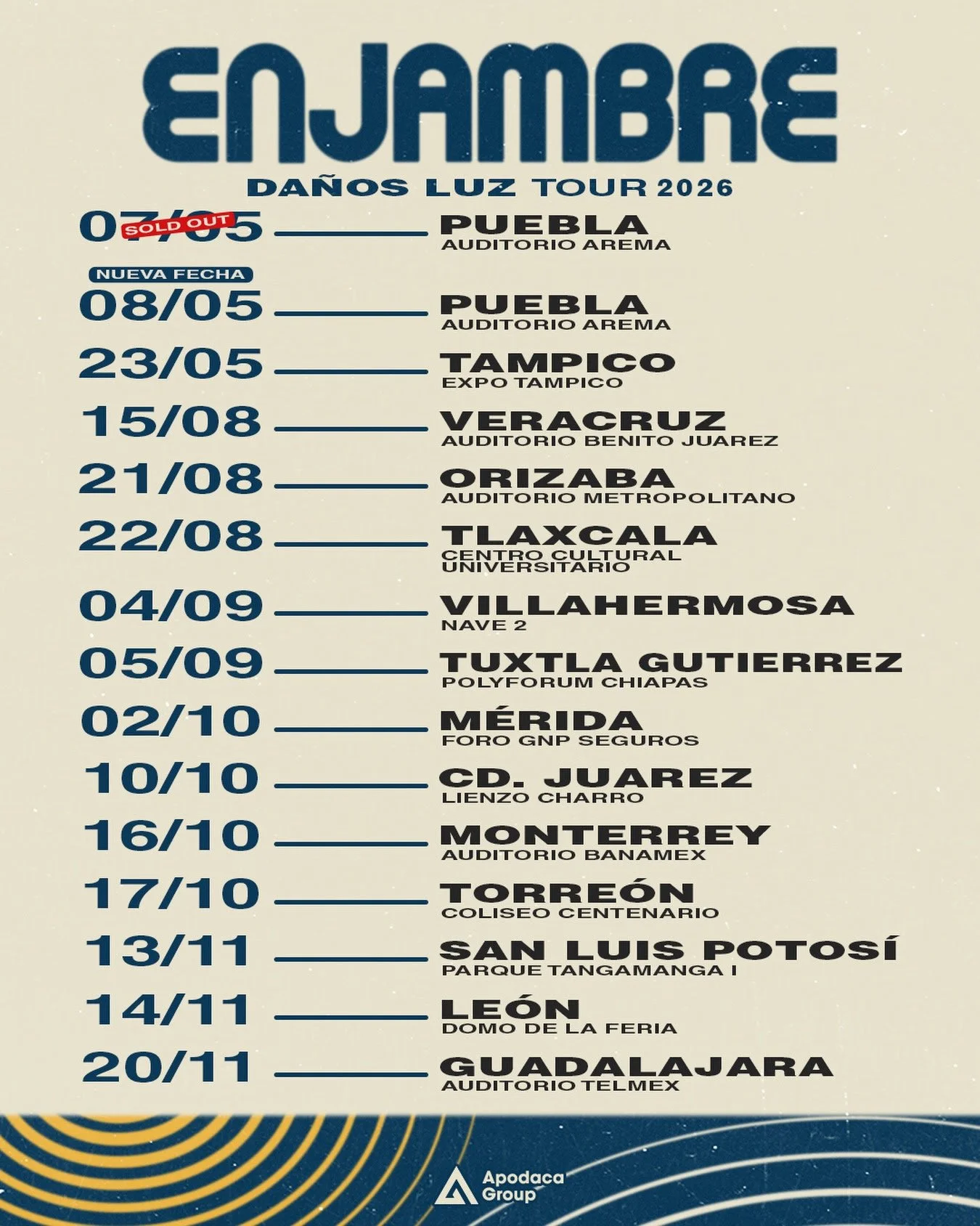 Flyer oficial con las fechas del Daños Luz Tour 2026 de Enjambre en México