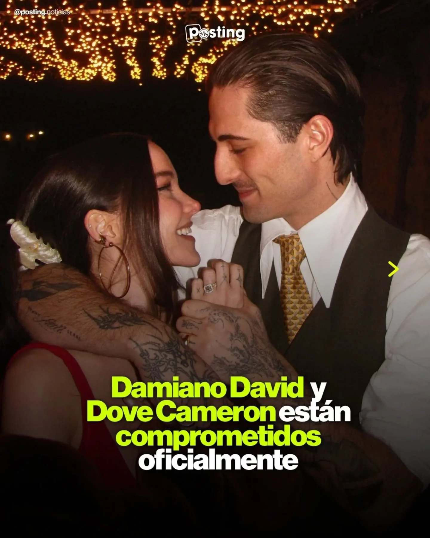 Damiano David y Dove Cameron est&aacute;n comprometidos ❤️&zwj;🩹❤️&zwj;🩹

Despu&eacute;s de varios rumores que hubo en el a&ntilde;o pasado, al fin es oficial. ❤️
Una historia de amor que une m&uacute;sica, arte y much&iacute;sima complicidad. ✨🥂
