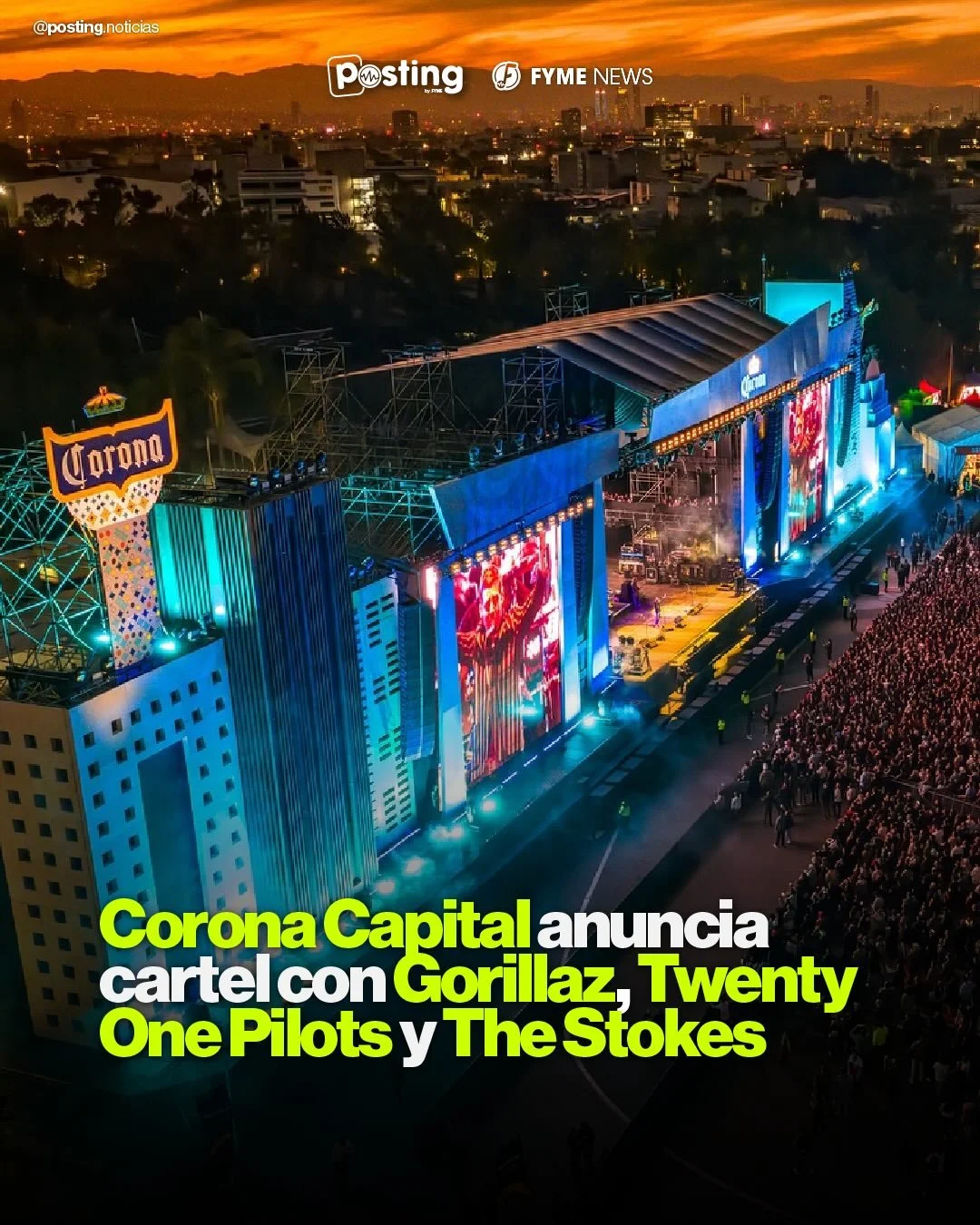 &iexcl;El cartel de Corona Capital 2026 ya fue revelado! 🤯🎤

Con Gorillaz, Twenty One Pilots y The Strokes como headliners, esta edici&oacute;n reunir&aacute; a grandes nombres de la m&uacute;sica como Mumford &amp; Sons, The Offspring, Pierce the 