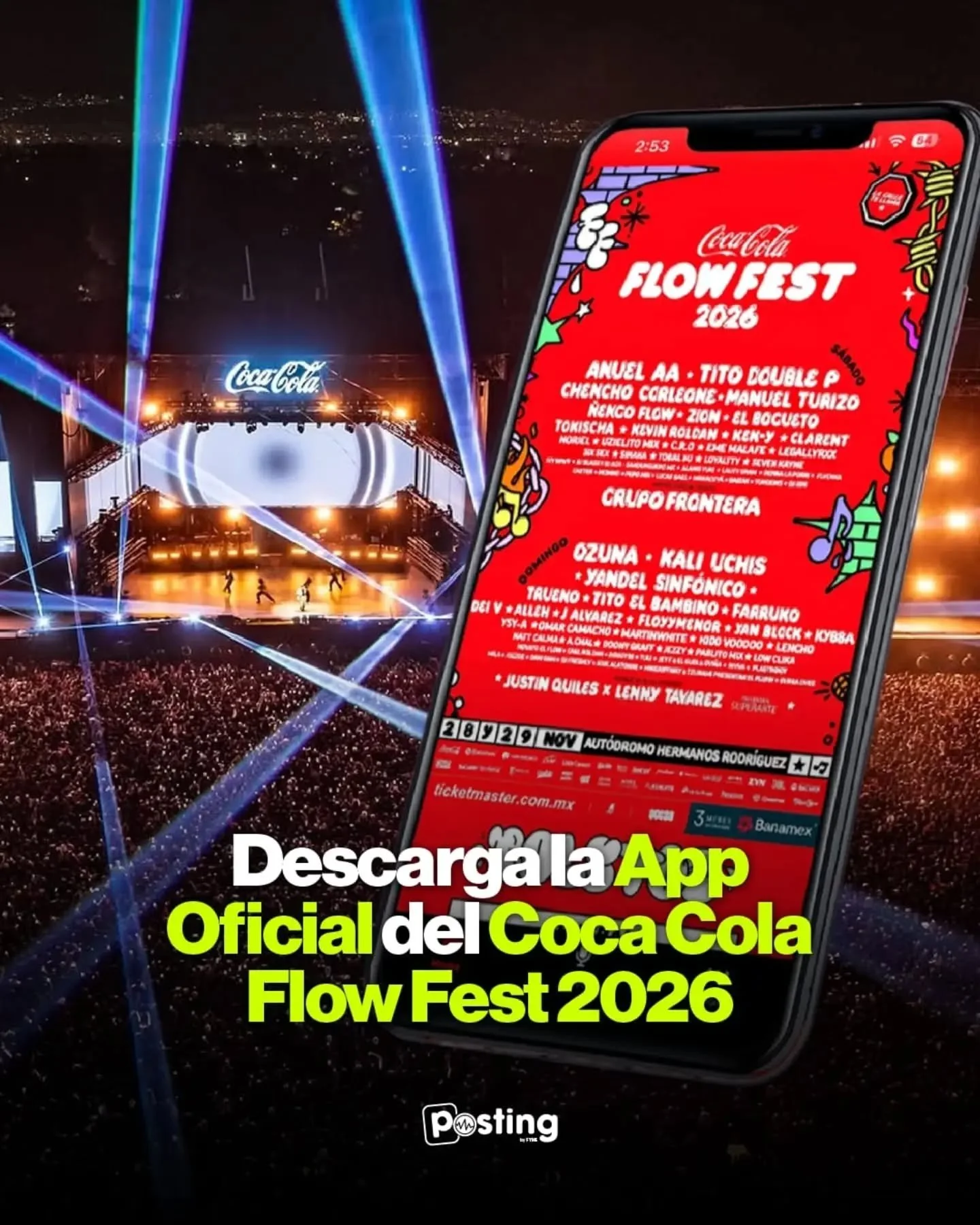 Coca Cola Flow Fest 2026 saco su app oficial.🗣

Podr&aacute;s tener toda la informaci&oacute;n del evento en t&uacute; celular.

En la app encontrar&aacute;s:
⭐️Experiencia personalizada.
⭐️Line up interactiva.
Notificaciones en tiempo real.
⭐️Naveg