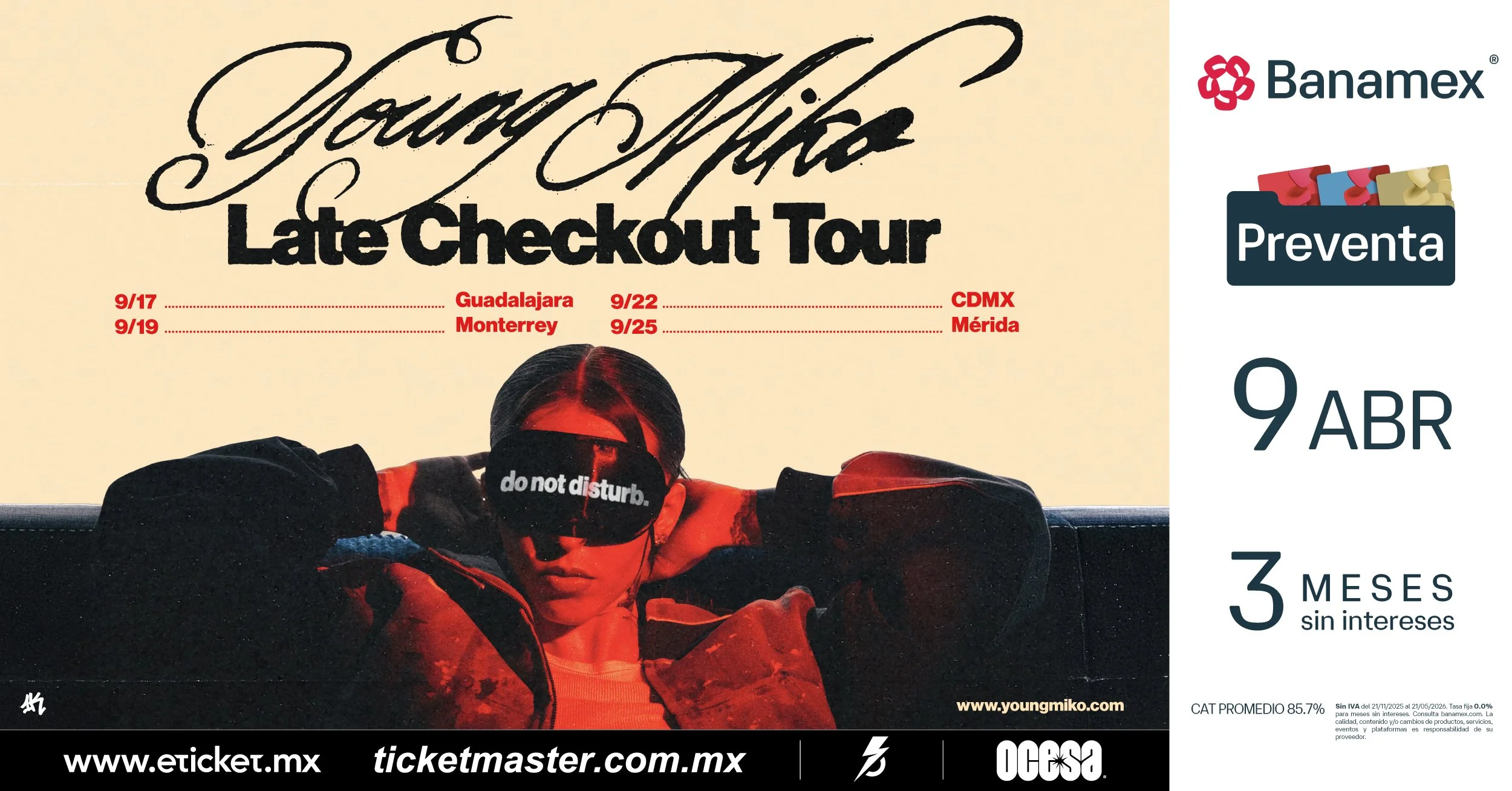 Flyer oficial del Late Checkout Tour de Young Miko en México 2026 con fechas en Guadalajara, Monterrey, CDMX y Mérida