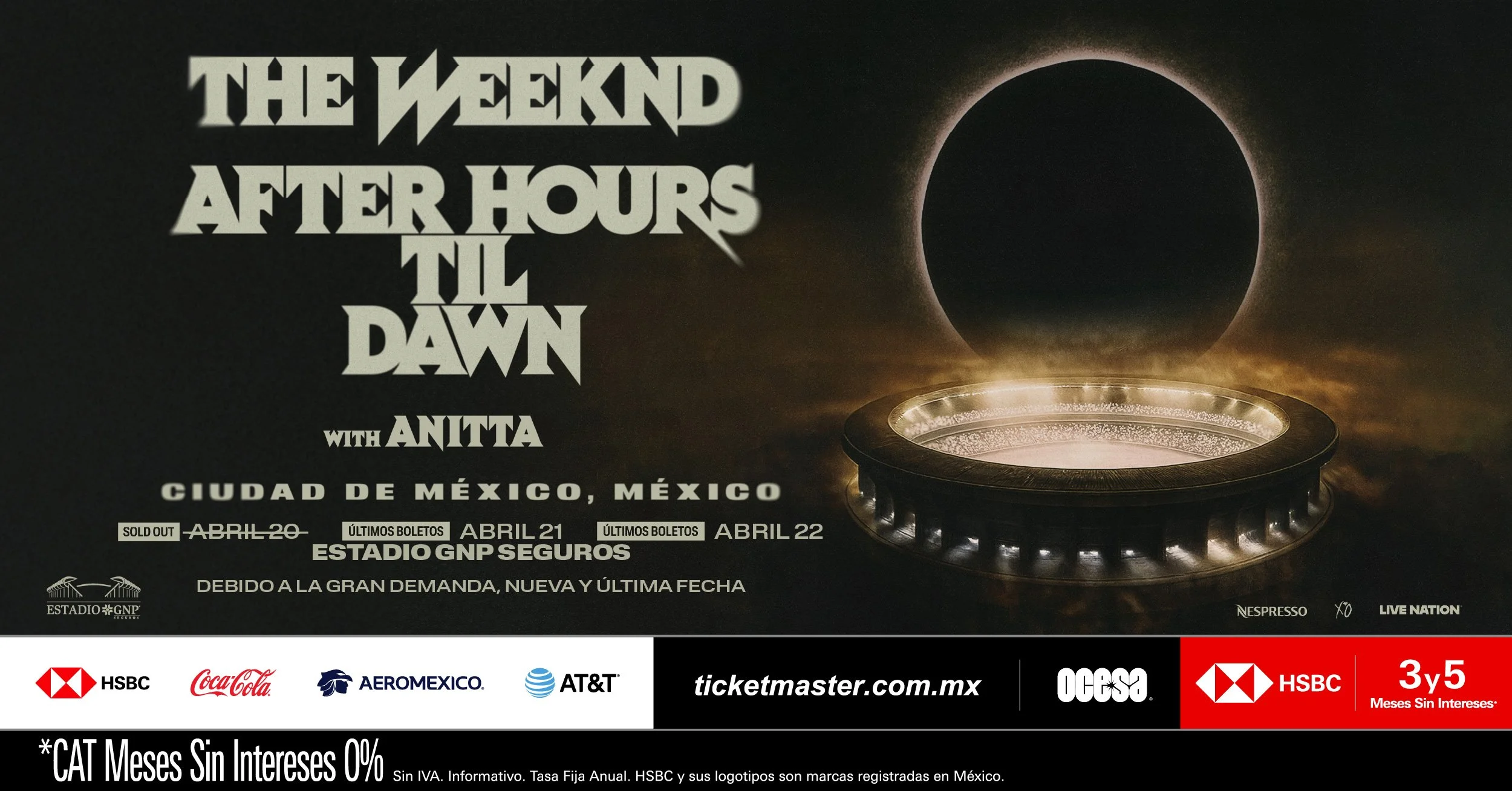 Flyer oficial del After Hours Til Dawn Tour de The Weeknd en México 2026 con fechas en el Estadio GNP Seguros