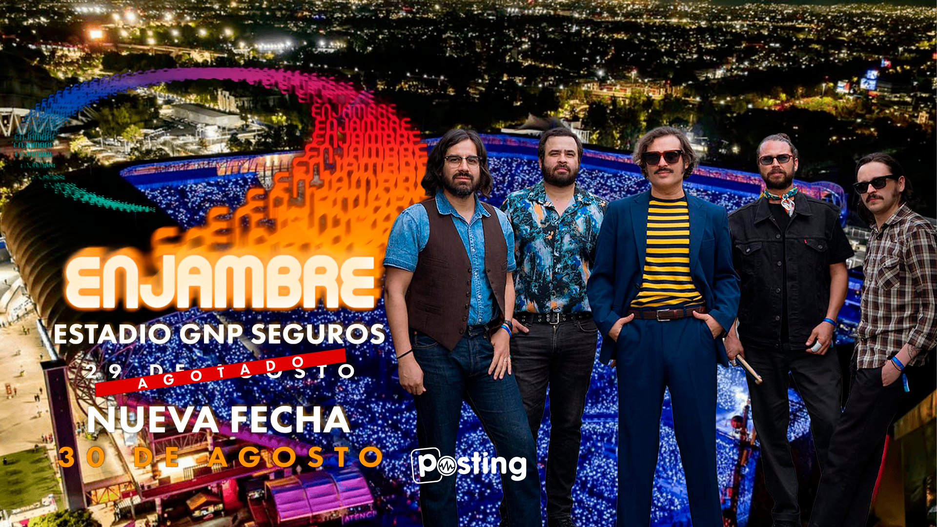 Arte promocional de Enjambre anunciando segunda fecha en el Estadio GNP Seguros en CDMX