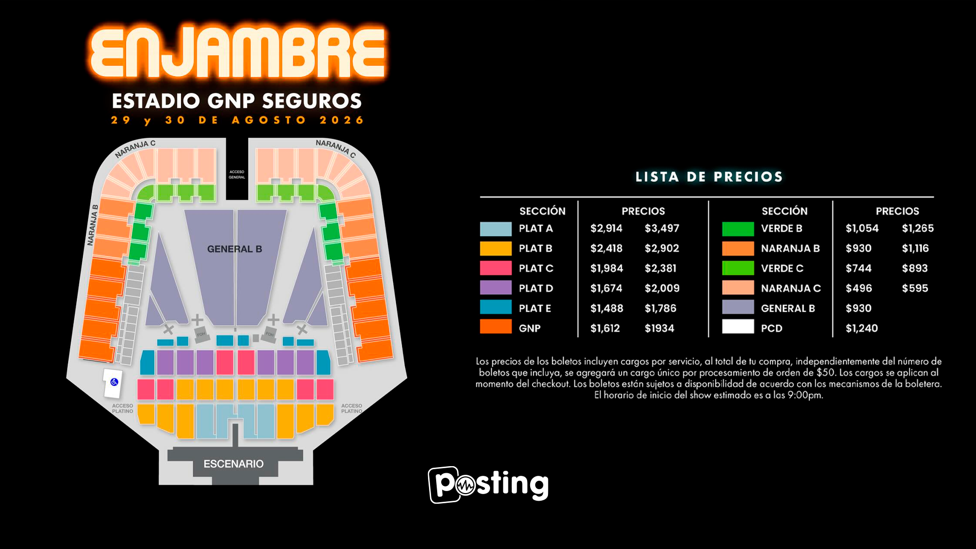 Mapa del Estadio GNP Seguros con zonas y precios para el concierto de Enjambre 2026