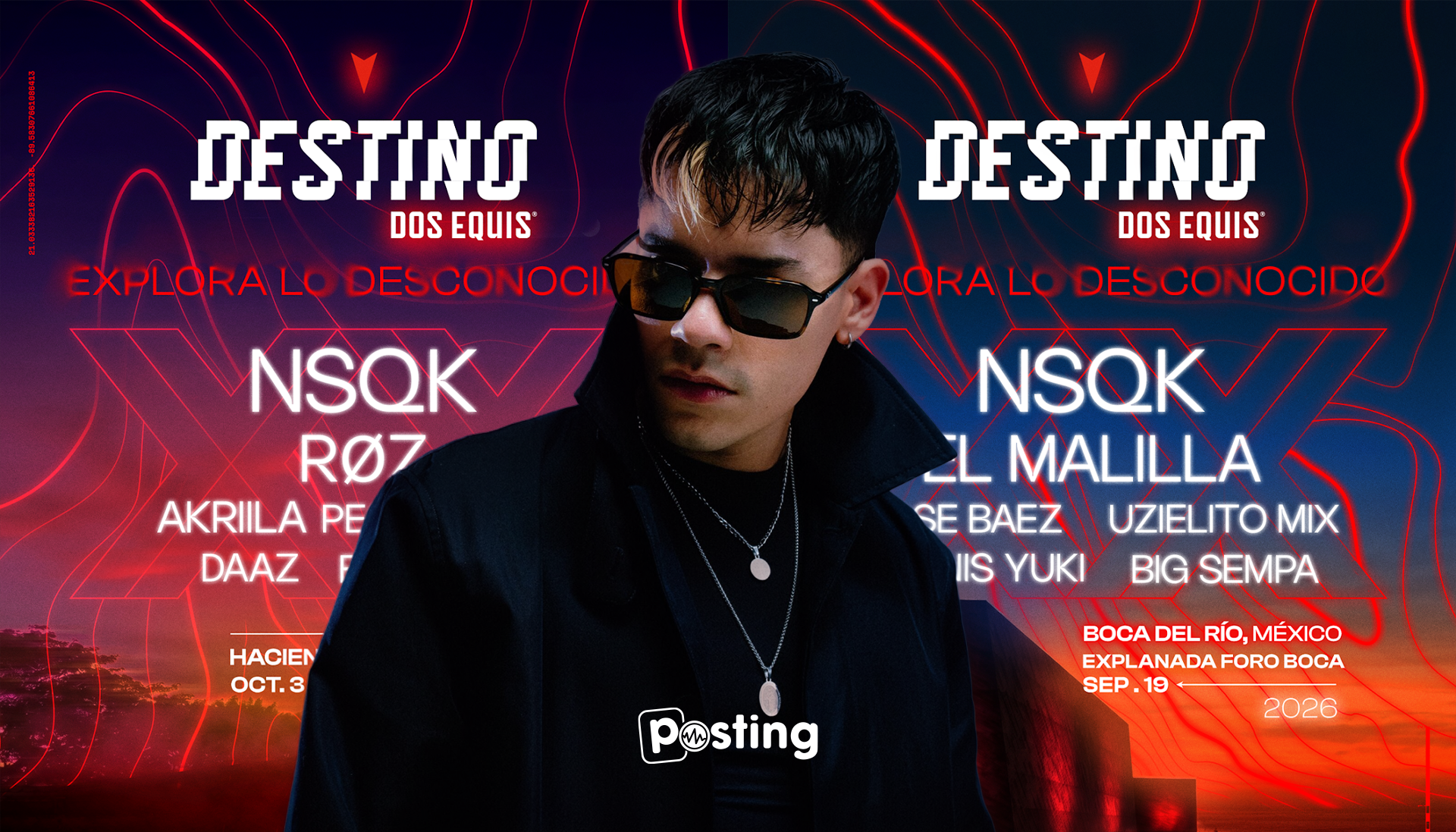 Destino Dos Equis 2026 llega a Boca del Río y Mérida con NSQK, Jesse Baez, Akriila y más en dos noches que no se parecen entre sí