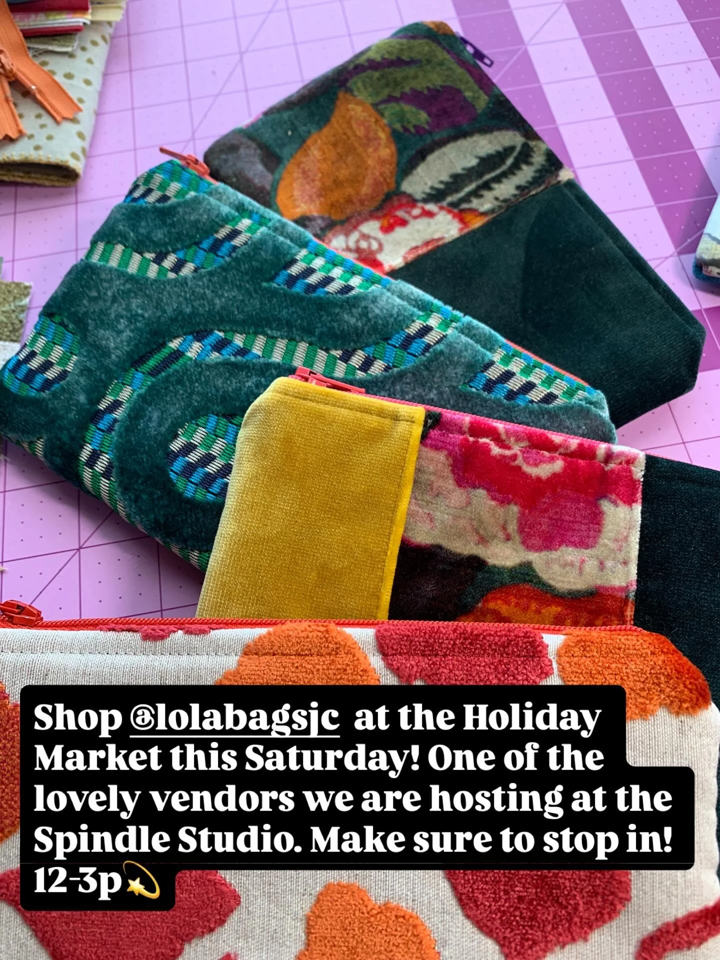 Shop @lolabagsjc at the Holiday Market this Saturday! One of the lovely vendors we are hosting at the Spindle Studio. Make sure to stop in! 12-3p💫

@lolabagsjc are designed one-of-a-kind, with sustainably curated textiles, and hand crafted with magi