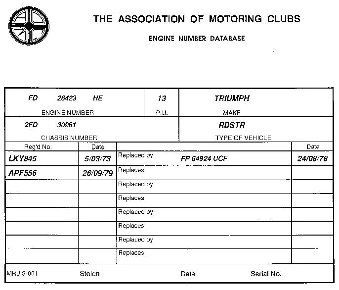 Page from the Association of Motoring Clubs engine number database listing engine details for a Triumph vehicle. Includes engine model, chassis number, registration number, and replacement history.