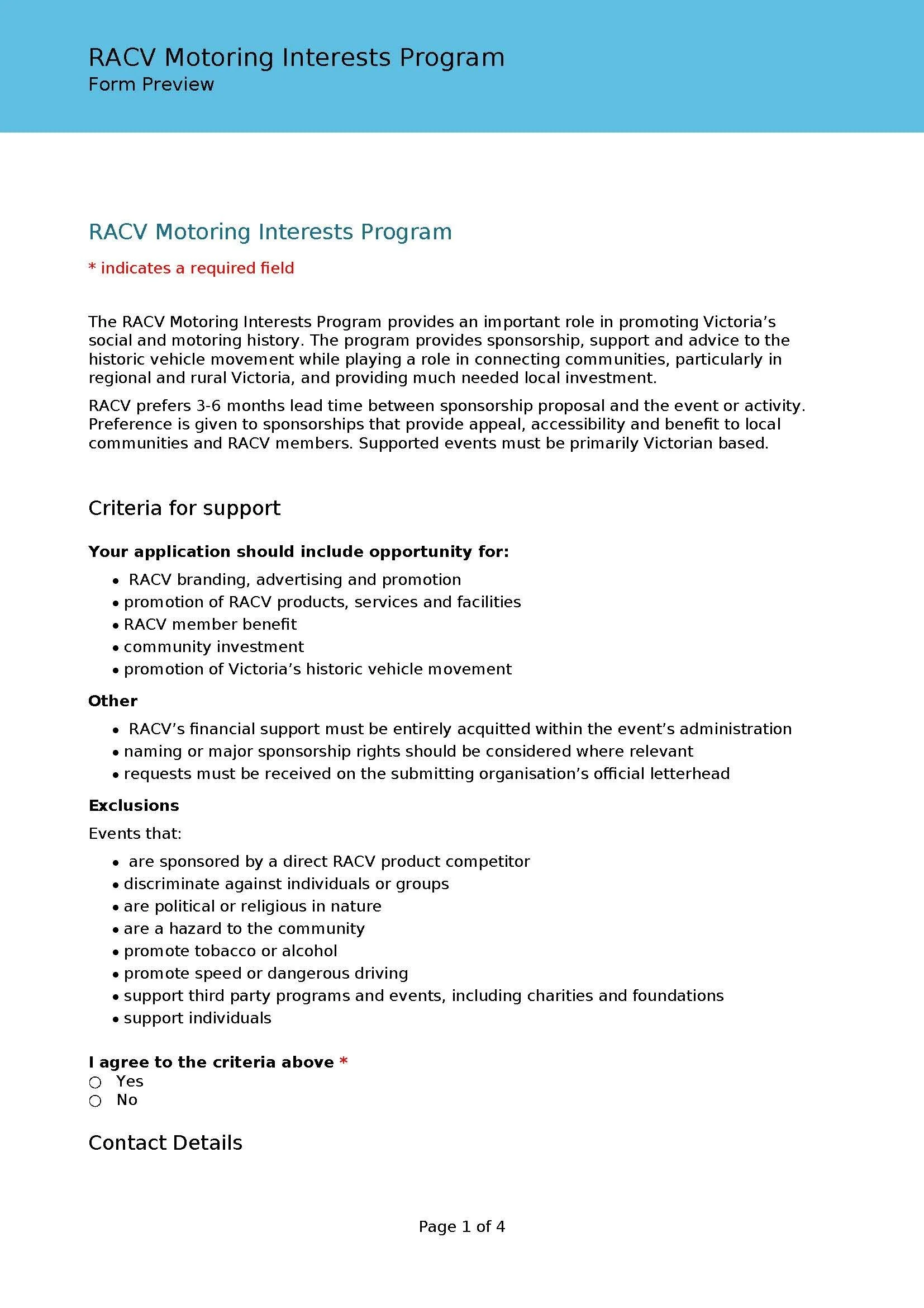 Message from the RACV regarding their Motoring Interests Program