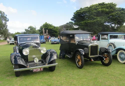 Vintage cars displayed on a grassy field at a car show, with trees and people in the background.