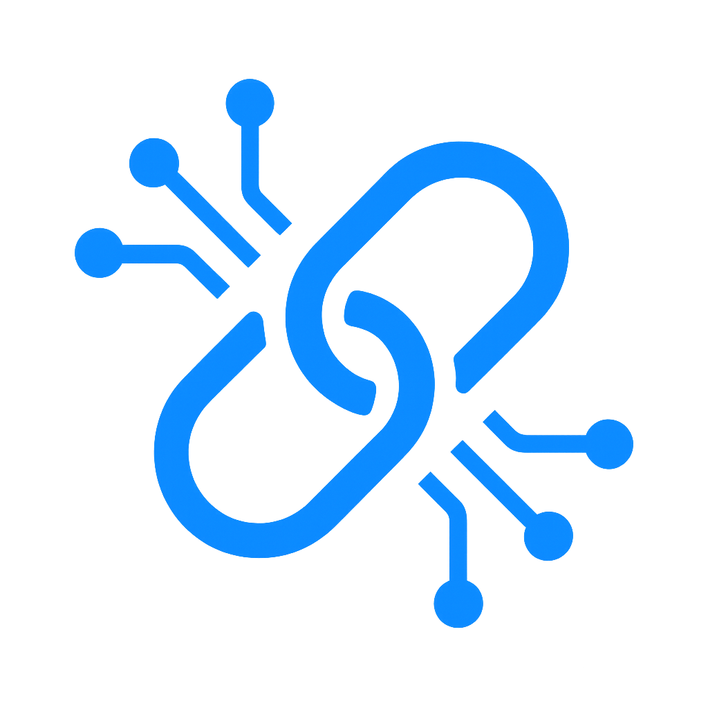 Blue neon-like icon of a chain link intertwined with a snowflake on a dark background.