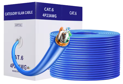 Coiled blue Category 6 Ethernet cable next to its packaging box labeled 'Category 6 LAN Cable' and 'CAT 6'
